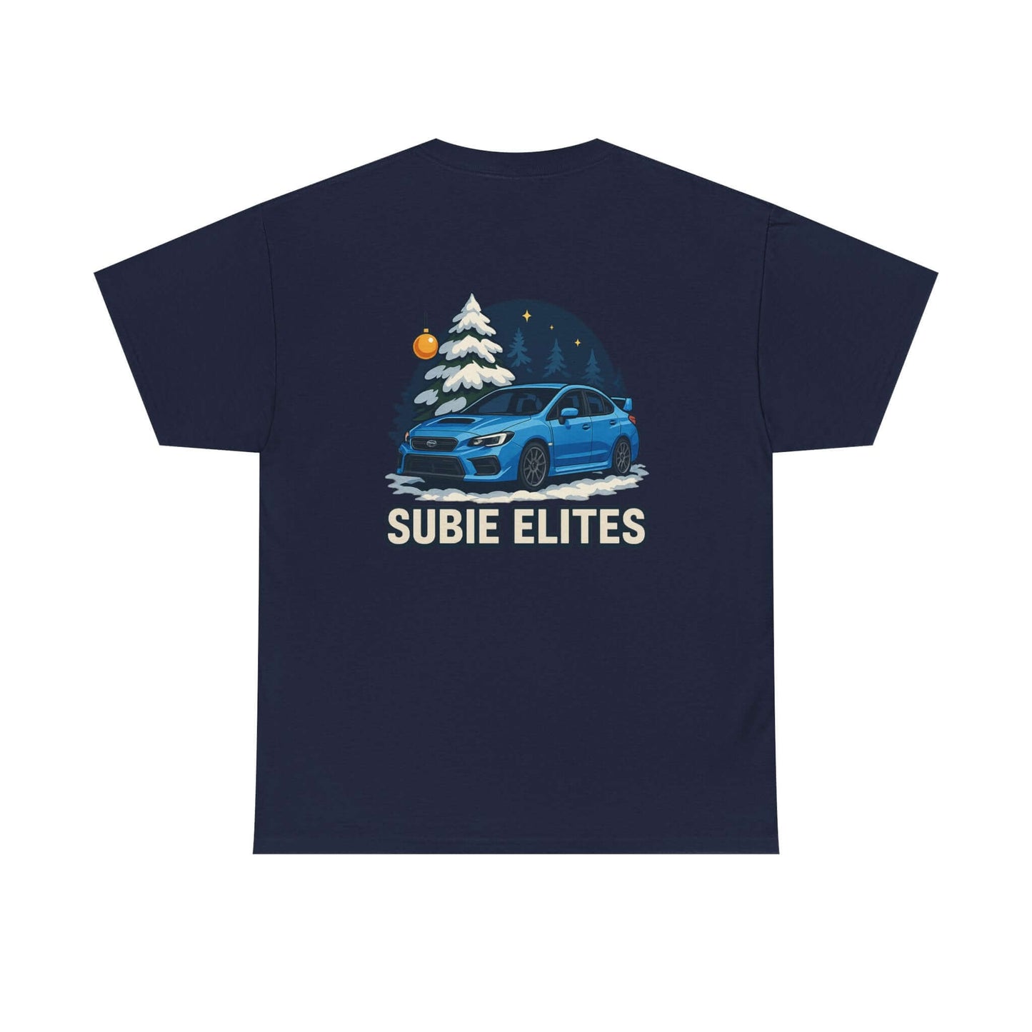 WRX HOLIDAY T-SHIRT featuring a blue Subaru design with holiday trees and the text SUBIE ELITES on a t-shirt.