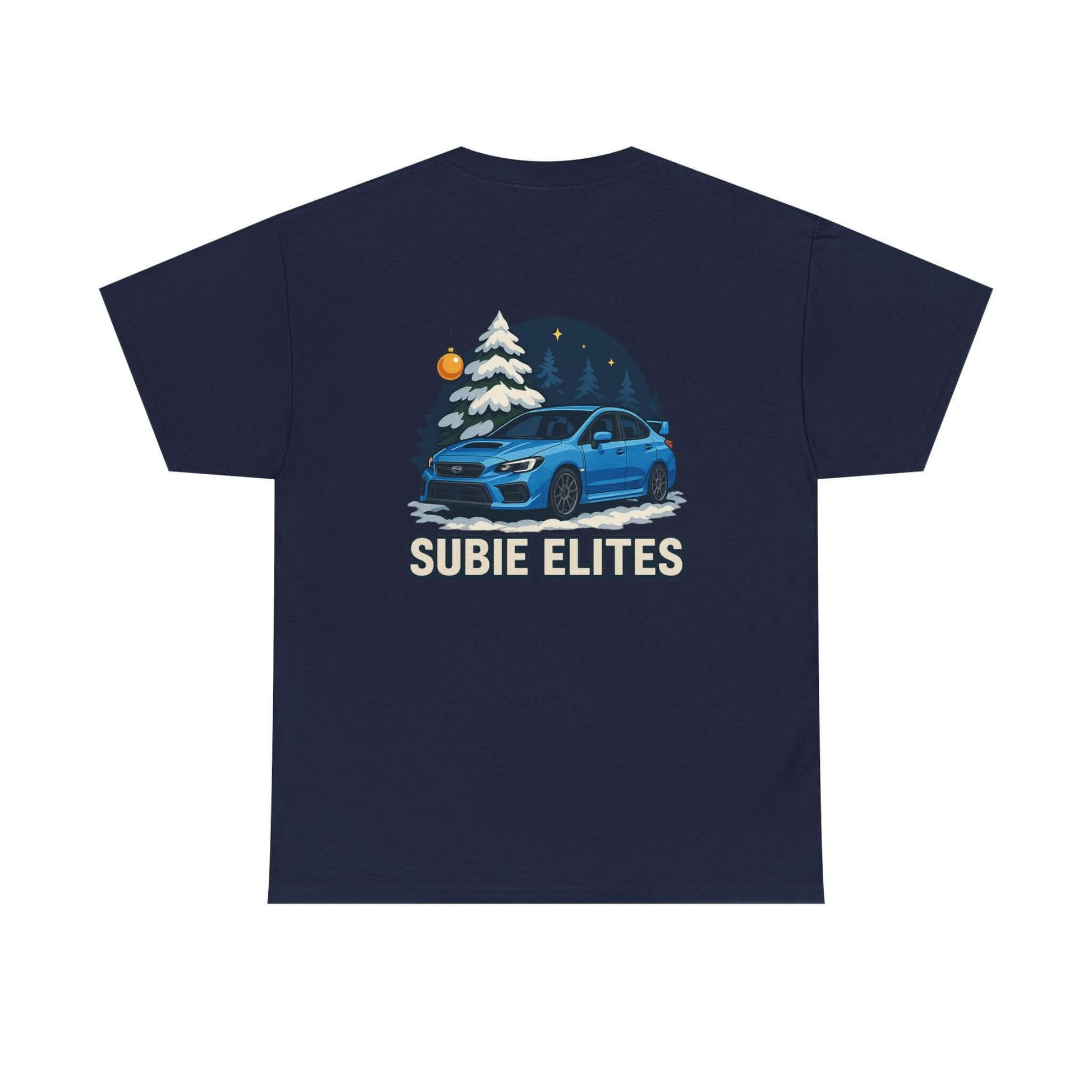 WRX HOLIDAY T-SHIRT featuring a blue Subaru design with holiday trees and the text SUBIE ELITES on a t-shirt.