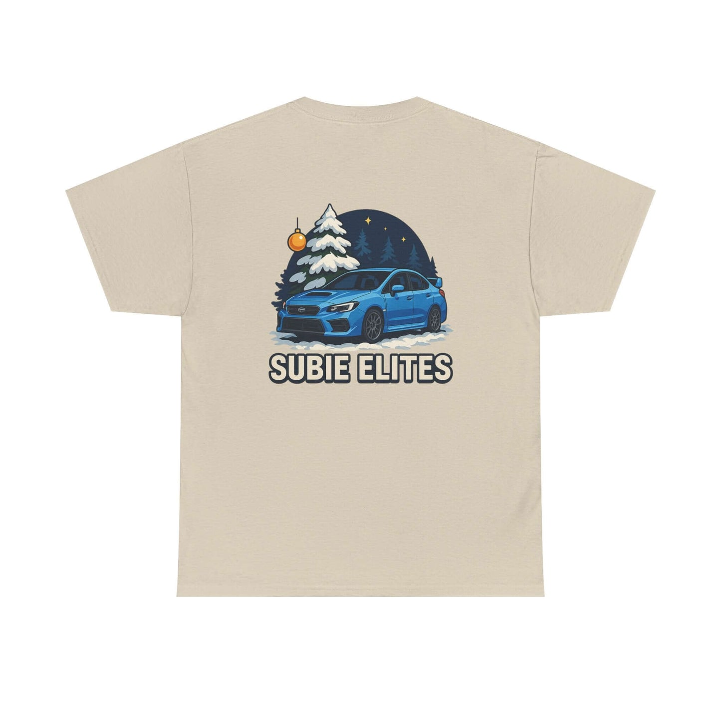 WRX HOLIDAY T-SHIRT featuring a blue Subaru design with holiday trees and the text SUBIE ELITES on a t-shirt.