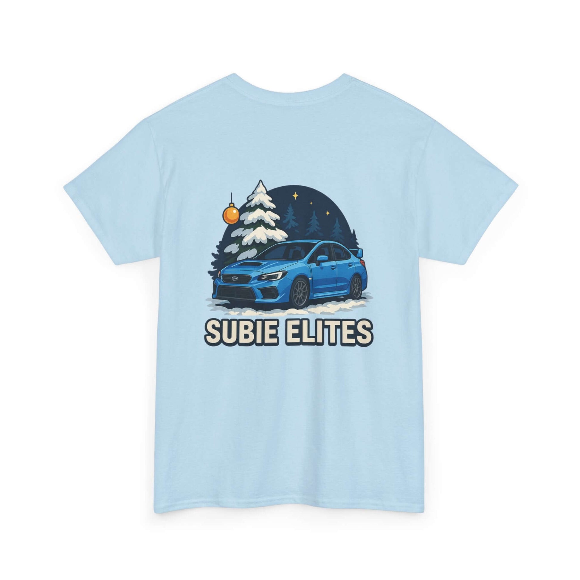 WRX HOLIDAY T-SHIRT featuring a blue Subaru design with holiday trees and the text SUBIE ELITES on a t-shirt.