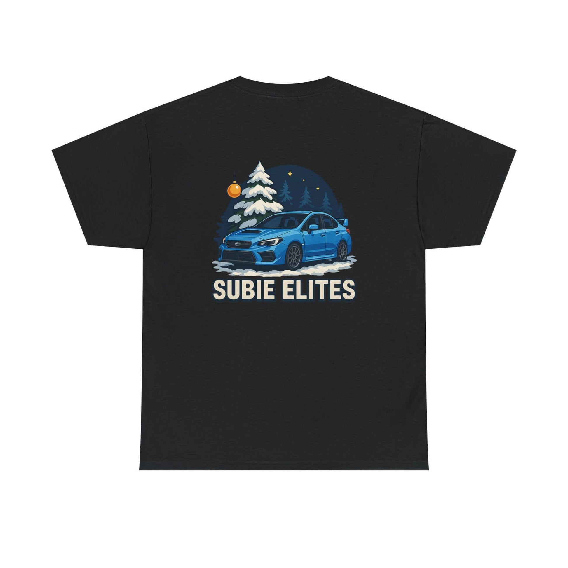 WRX HOLIDAY T-SHIRT featuring a blue Subaru design with holiday trees and the text SUBIE ELITES on a t-shirt.
