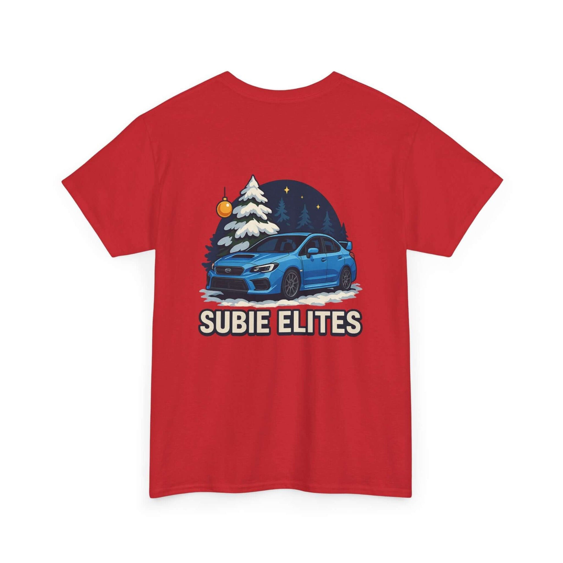 WRX HOLIDAY T-SHIRT featuring a blue Subaru design with holiday trees and the text SUBIE ELITES on a t-shirt.