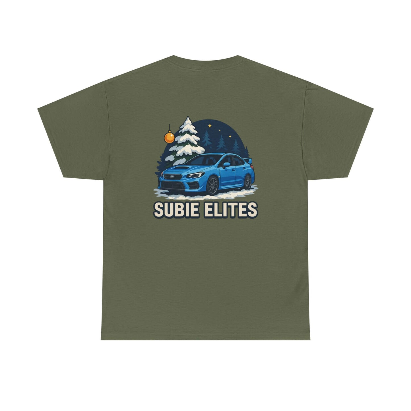 WRX HOLIDAY T-SHIRT featuring a blue Subaru design with holiday trees and the text SUBIE ELITES on a t-shirt.