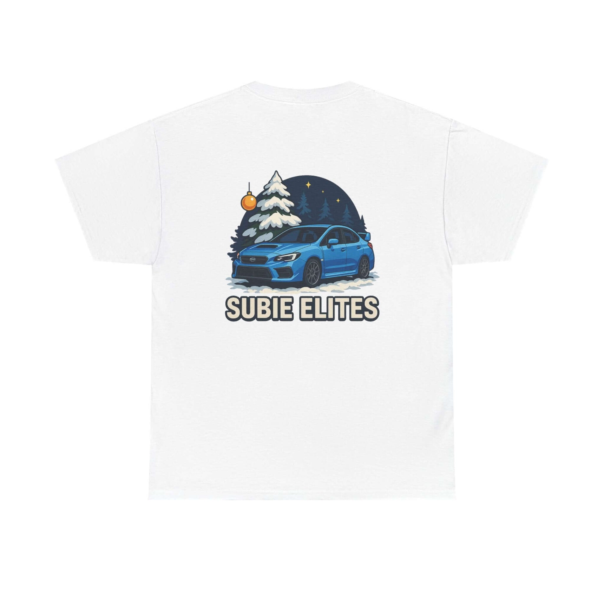 WRX HOLIDAY T-SHIRT featuring a blue Subaru design with holiday trees and the text SUBIE ELITES on a t-shirt.