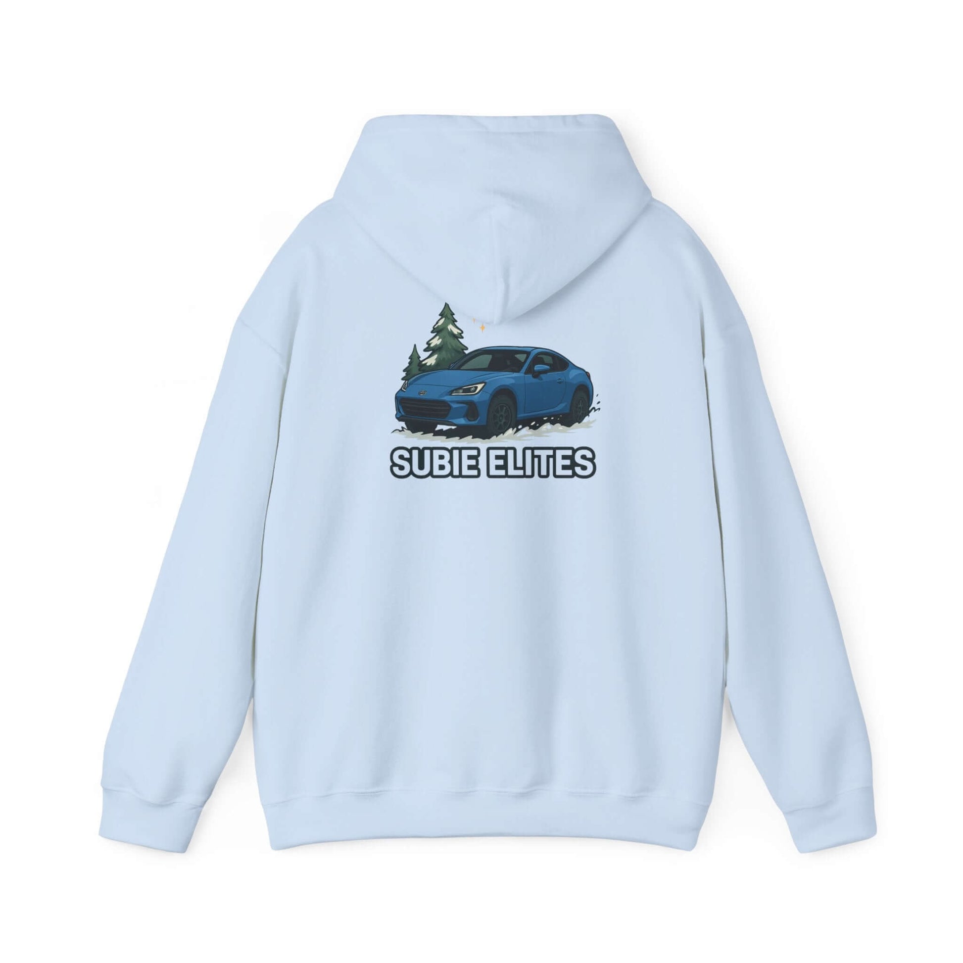 BRZ HOLIDAY HOODIE  pullover with blue BRZ graphic and evergreen trees, perfect for car enthusiasts.