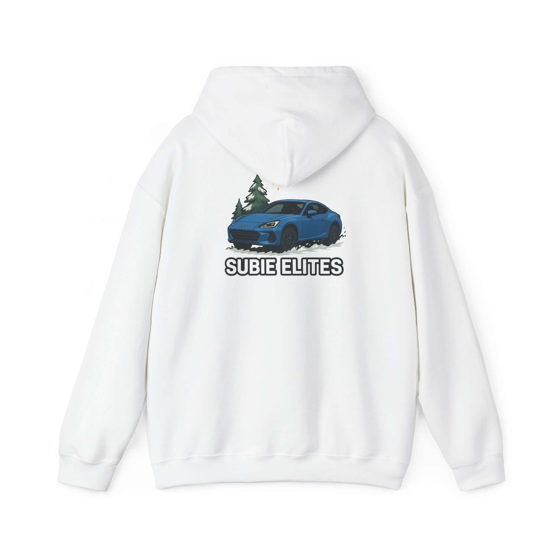 BRZ HOLIDAY HOODIE  pullover with blue BRZ graphic and evergreen trees, perfect for car enthusiasts.