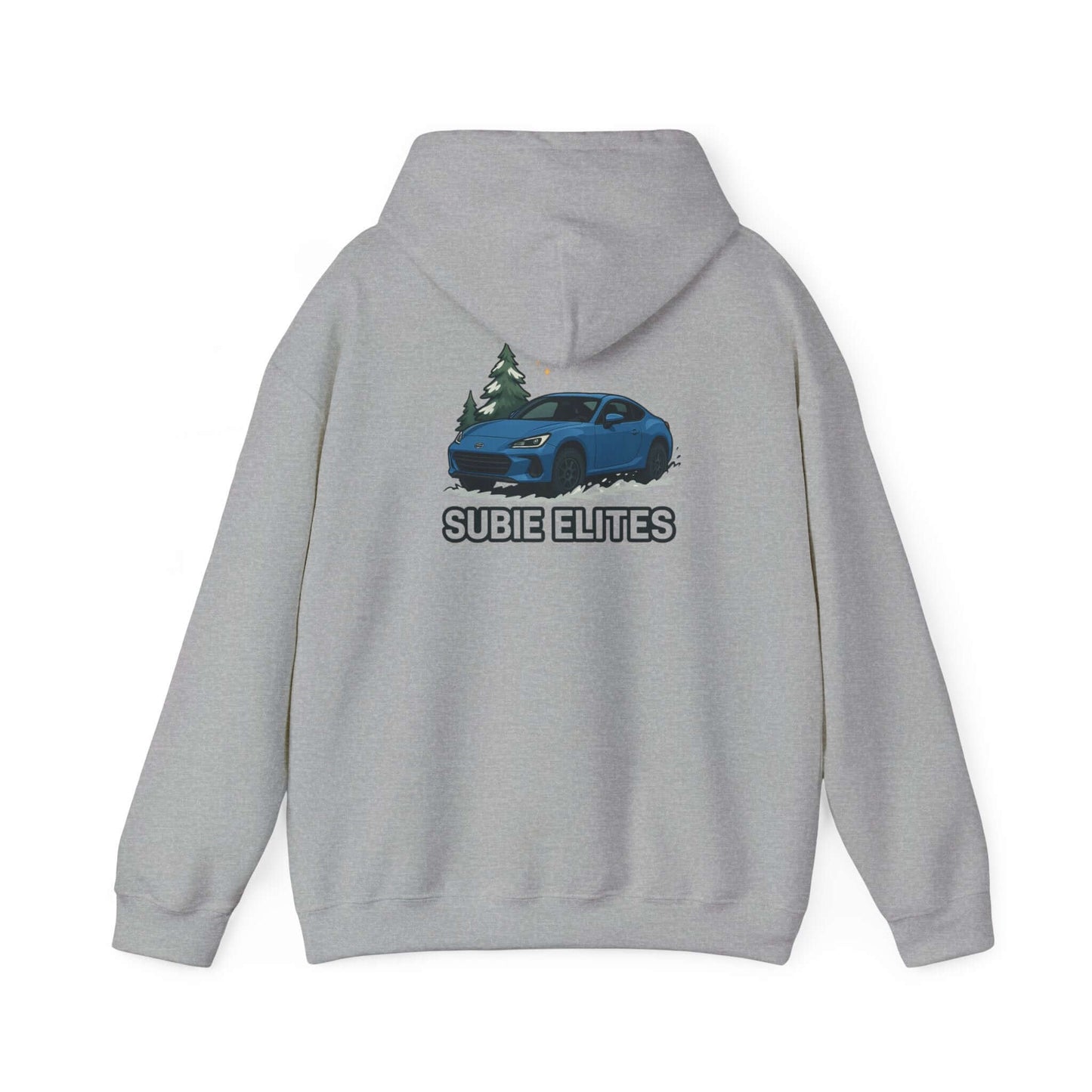 BRZ HOLIDAY HOODIE  pullover with blue BRZ graphic and evergreen trees, perfect for car enthusiasts.