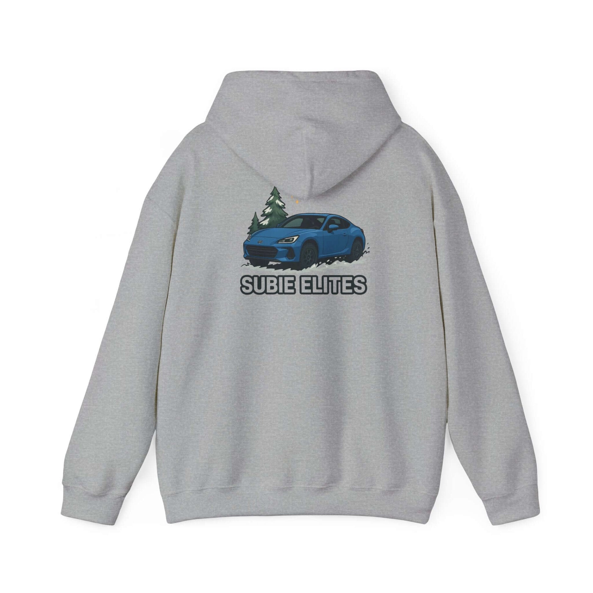 BRZ HOLIDAY HOODIE  pullover with blue BRZ graphic and evergreen trees, perfect for car enthusiasts.