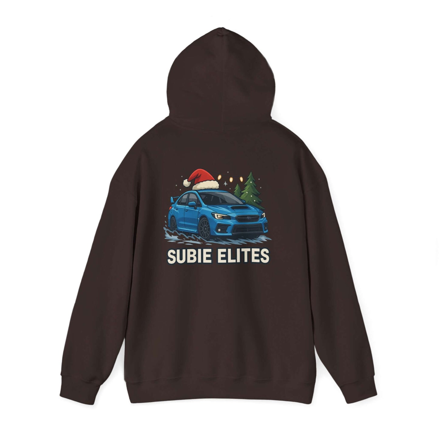 Subie Elites Holiday Hoodie – Blue Subaru with Santa Hat & Pine Trees