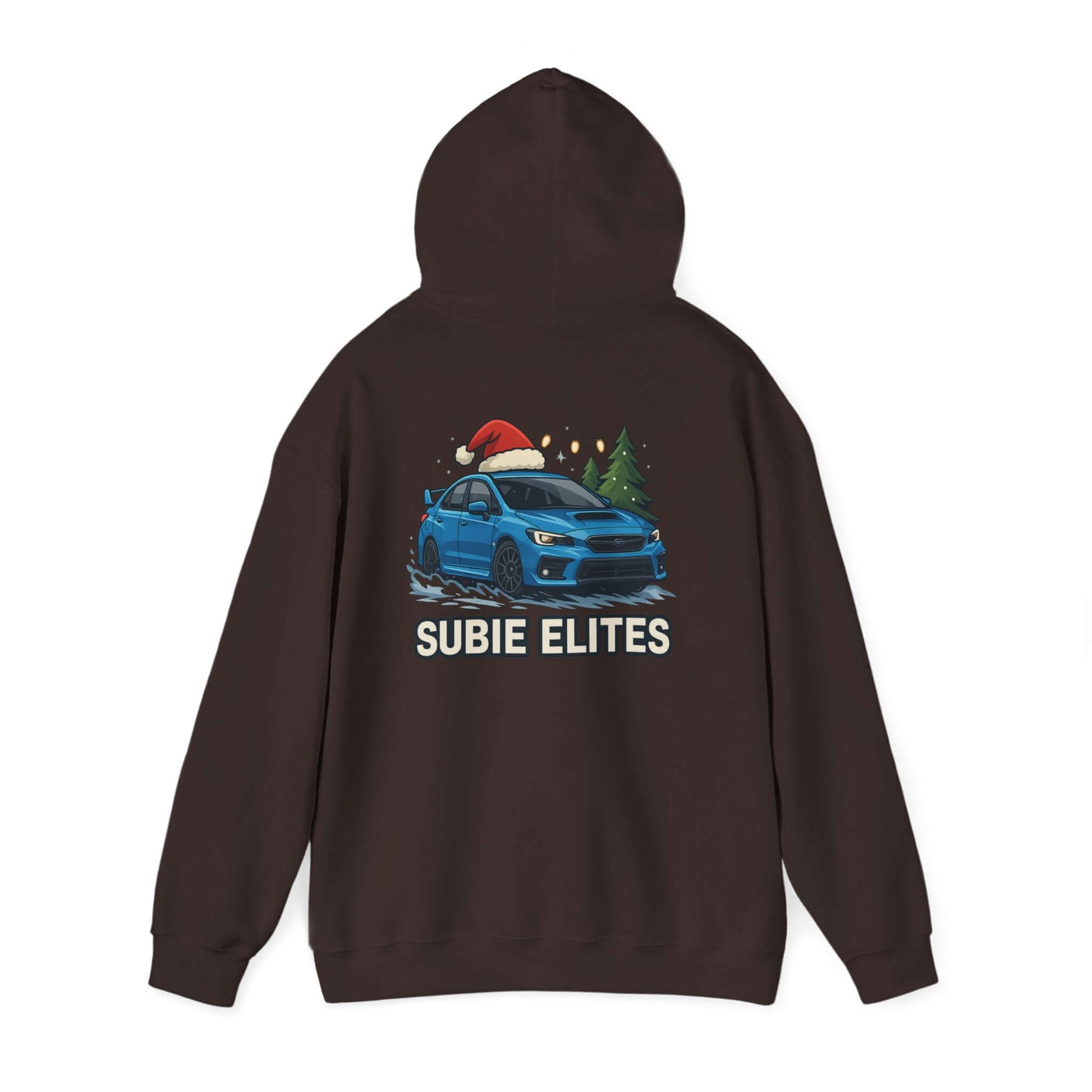 Subie Elites Holiday Hoodie – Blue Subaru with Santa Hat & Pine Trees
