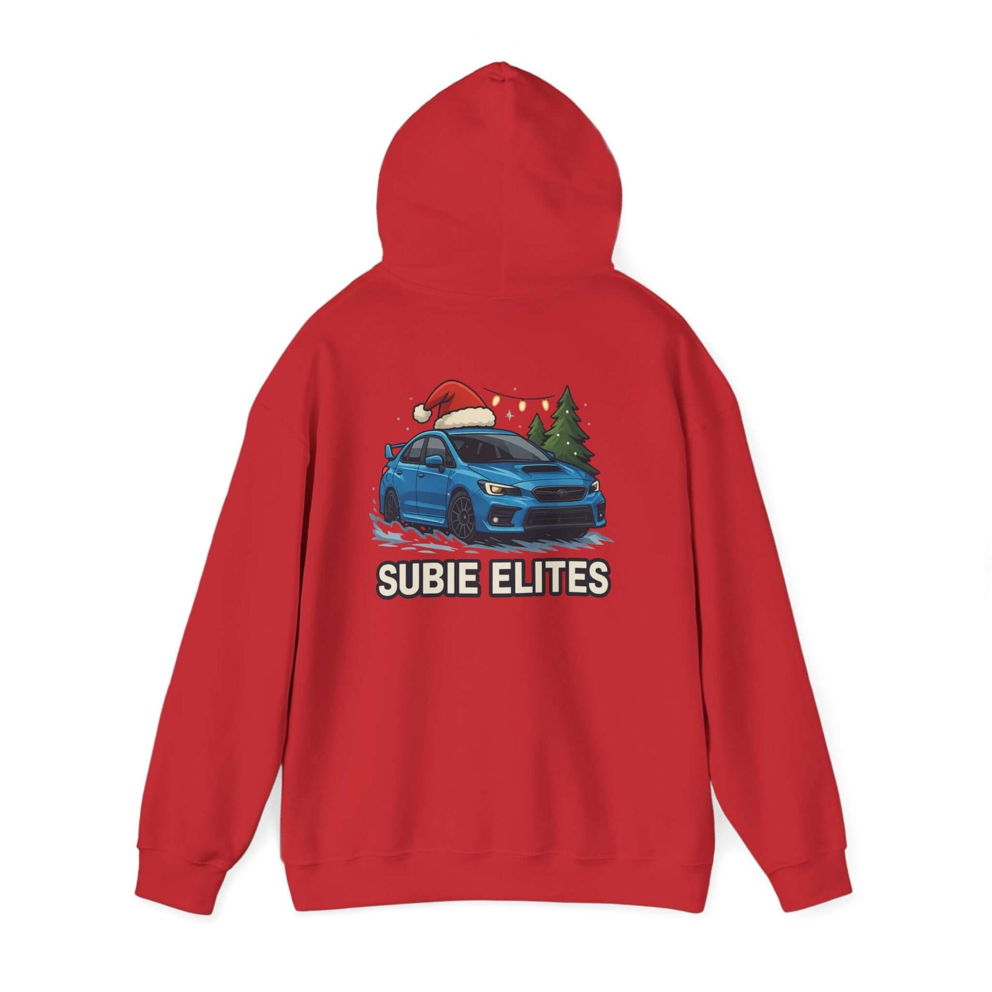 Subie Elites Holiday Hoodie – Blue Subaru with Santa Hat & Pine Trees