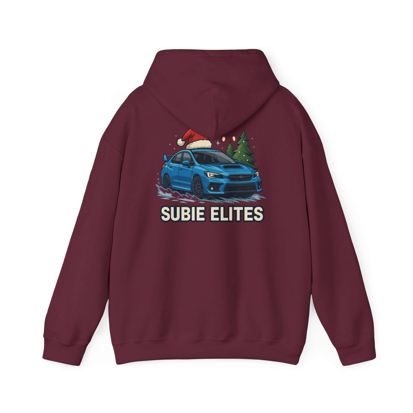 Subie Elites Holiday Hoodie – Blue Subaru with Santa Hat & Pine Trees