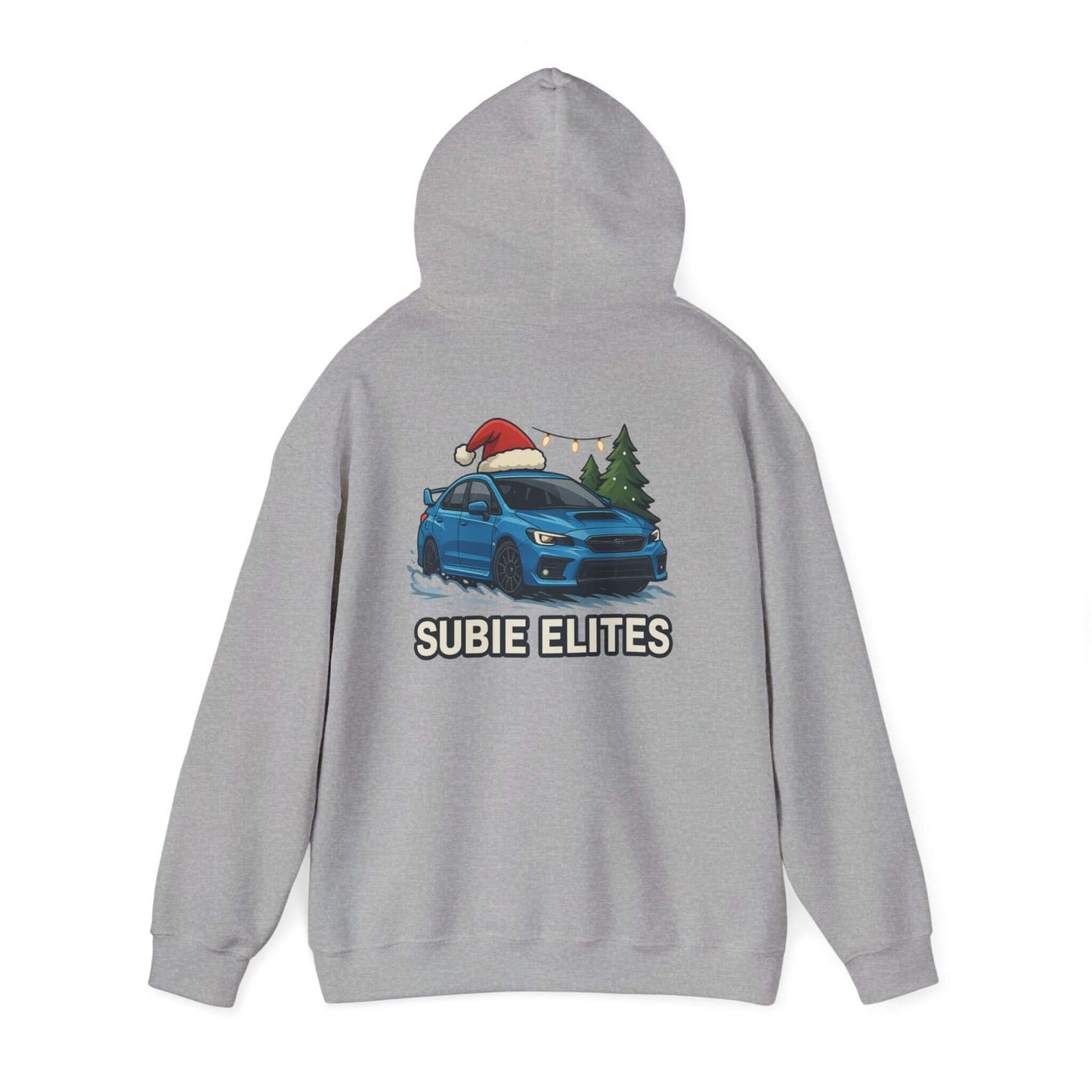 Subie Elites Holiday Hoodie – Blue Subaru with Santa Hat & Pine Trees