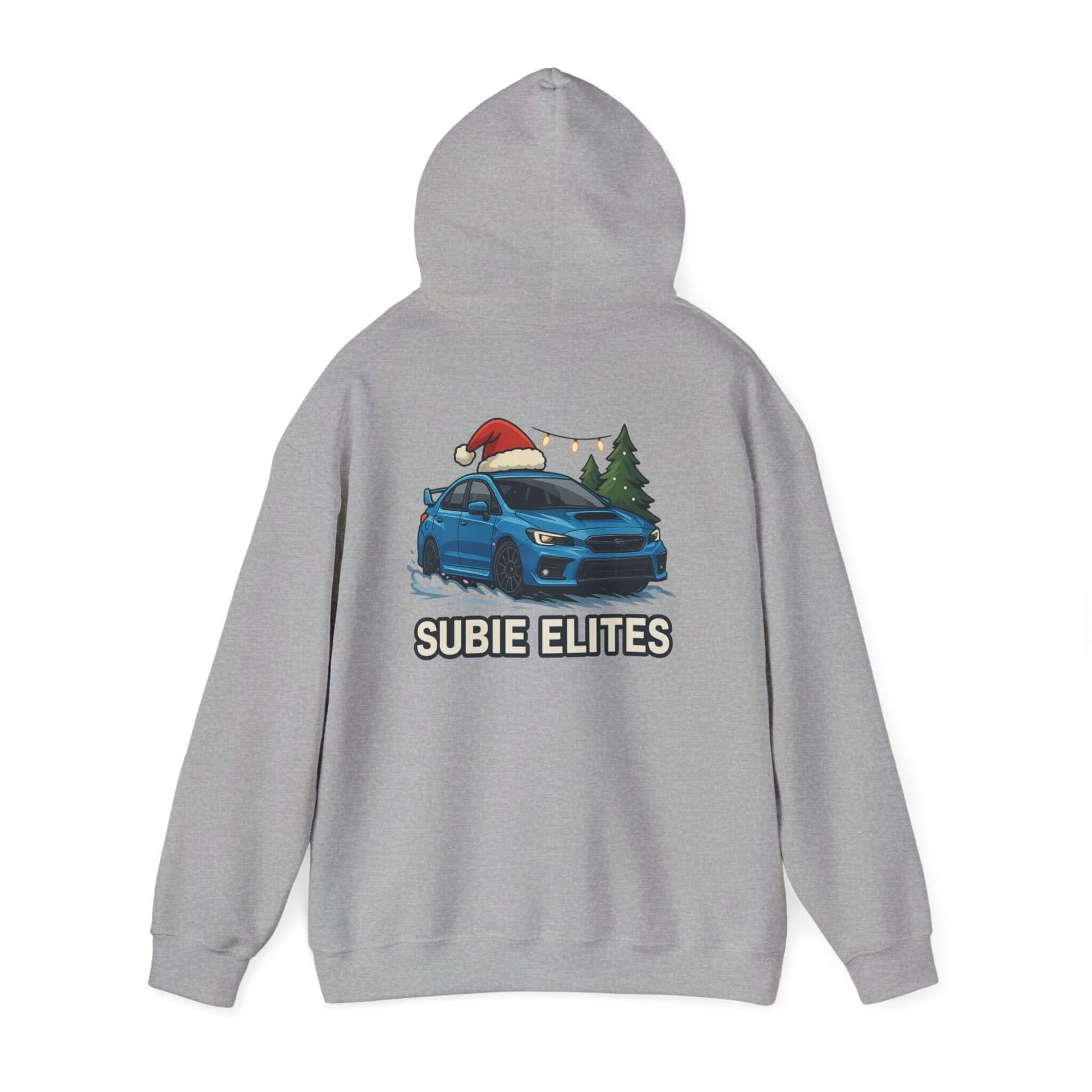 Subie Elites Holiday Hoodie – Blue Subaru with Santa Hat & Pine Trees