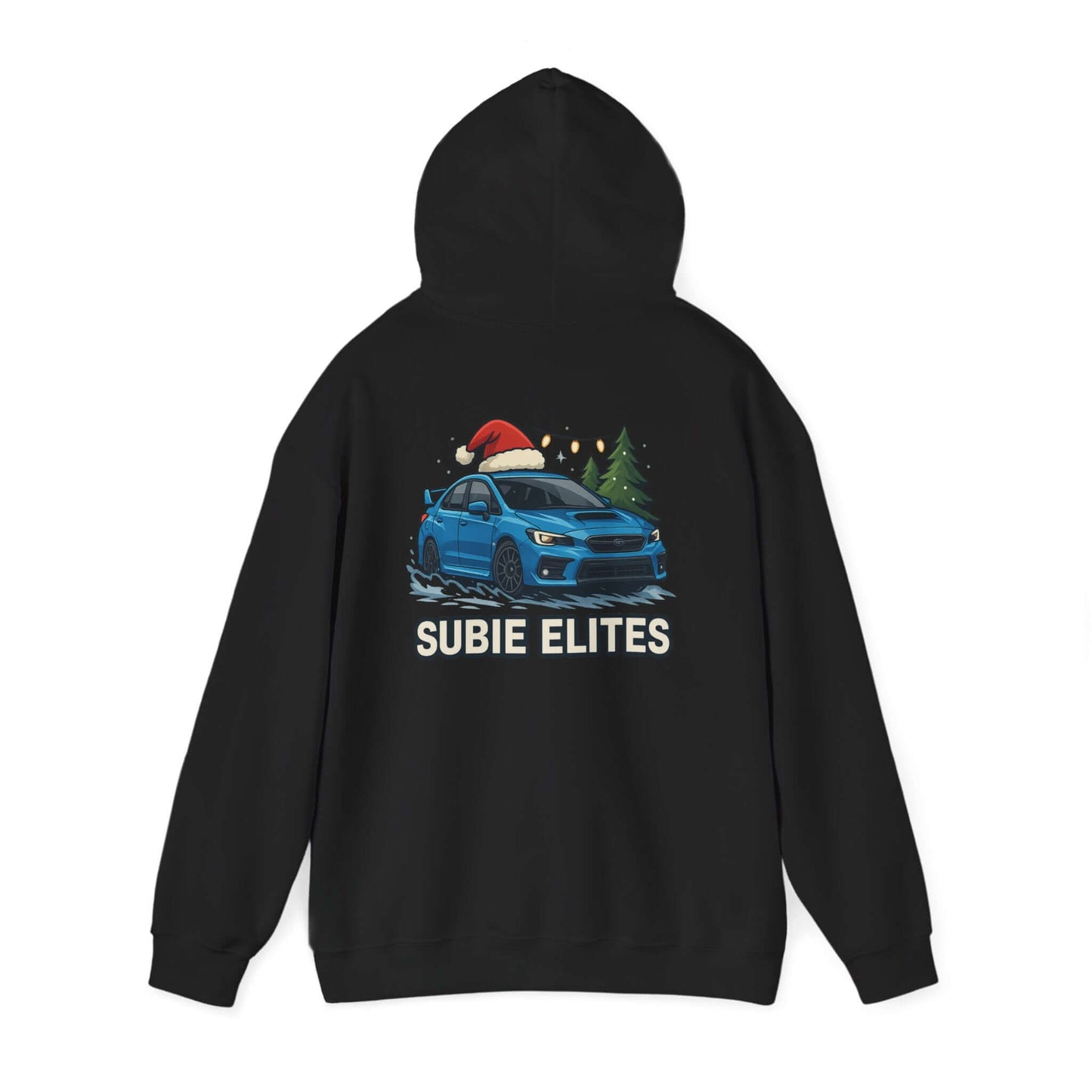 Subie Elites Holiday Hoodie – Blue Subaru with Santa Hat & Pine Trees