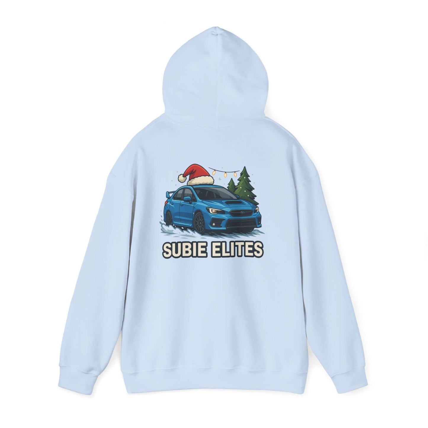 Subie Elites Holiday Hoodie – Blue Subaru with Santa Hat & Pine Trees