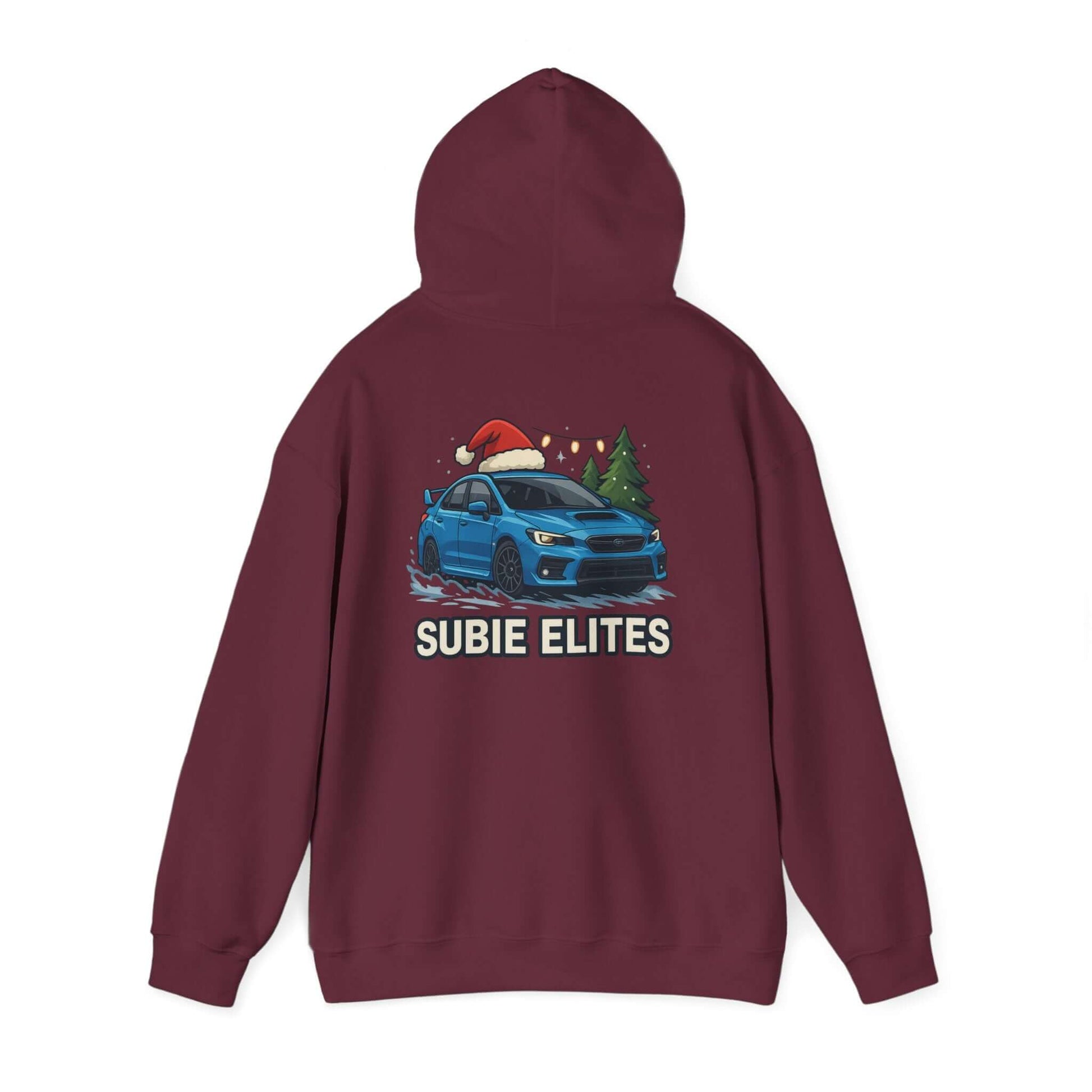 Subie Elites Holiday Hoodie – Blue Subaru with Santa Hat & Pine Trees