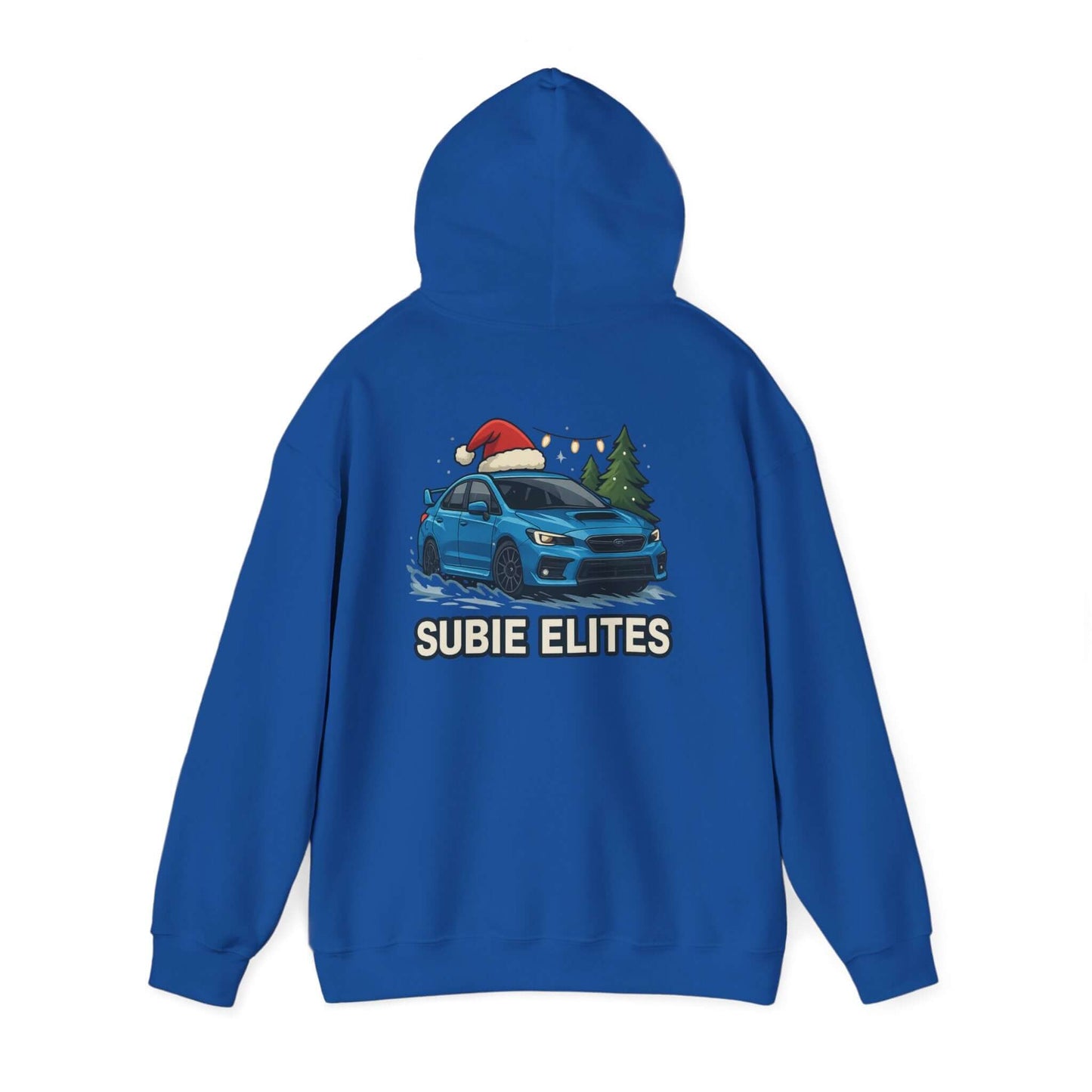 Subie Elites Holiday Hoodie – Blue Subaru with Santa Hat & Pine Trees