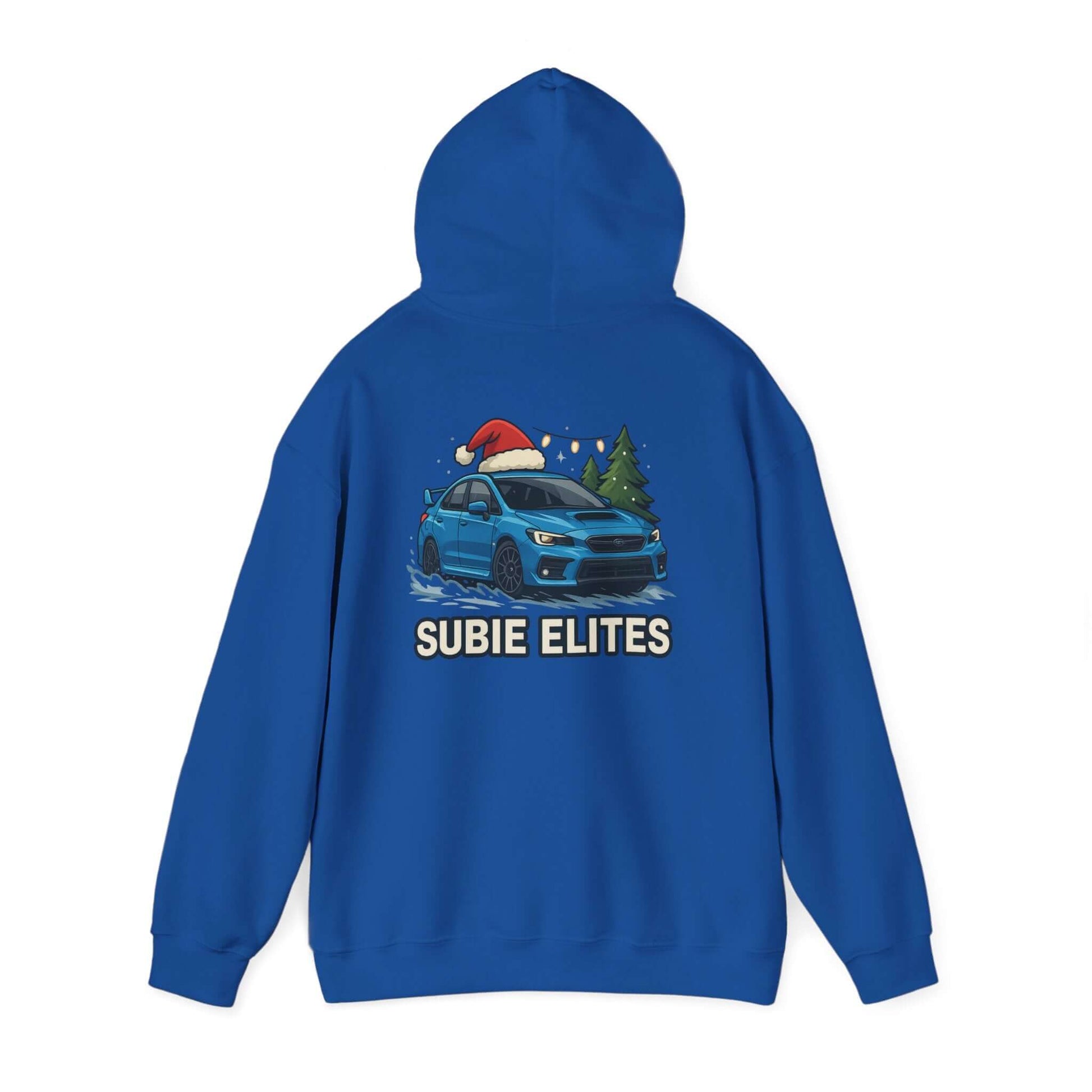 Subie Elites Holiday Hoodie – Blue Subaru with Santa Hat & Pine Trees