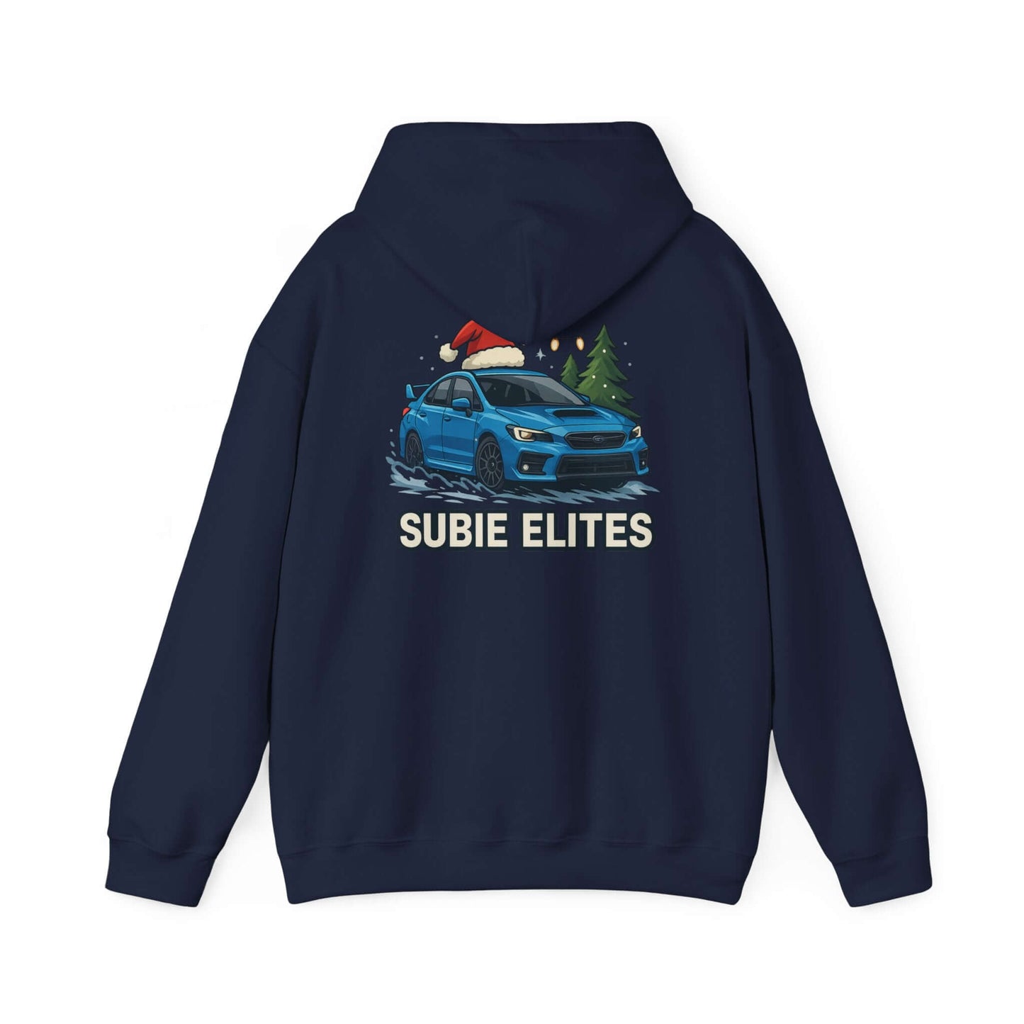 Subie Elites Holiday Hoodie – Blue Subaru with Santa Hat & Pine Trees