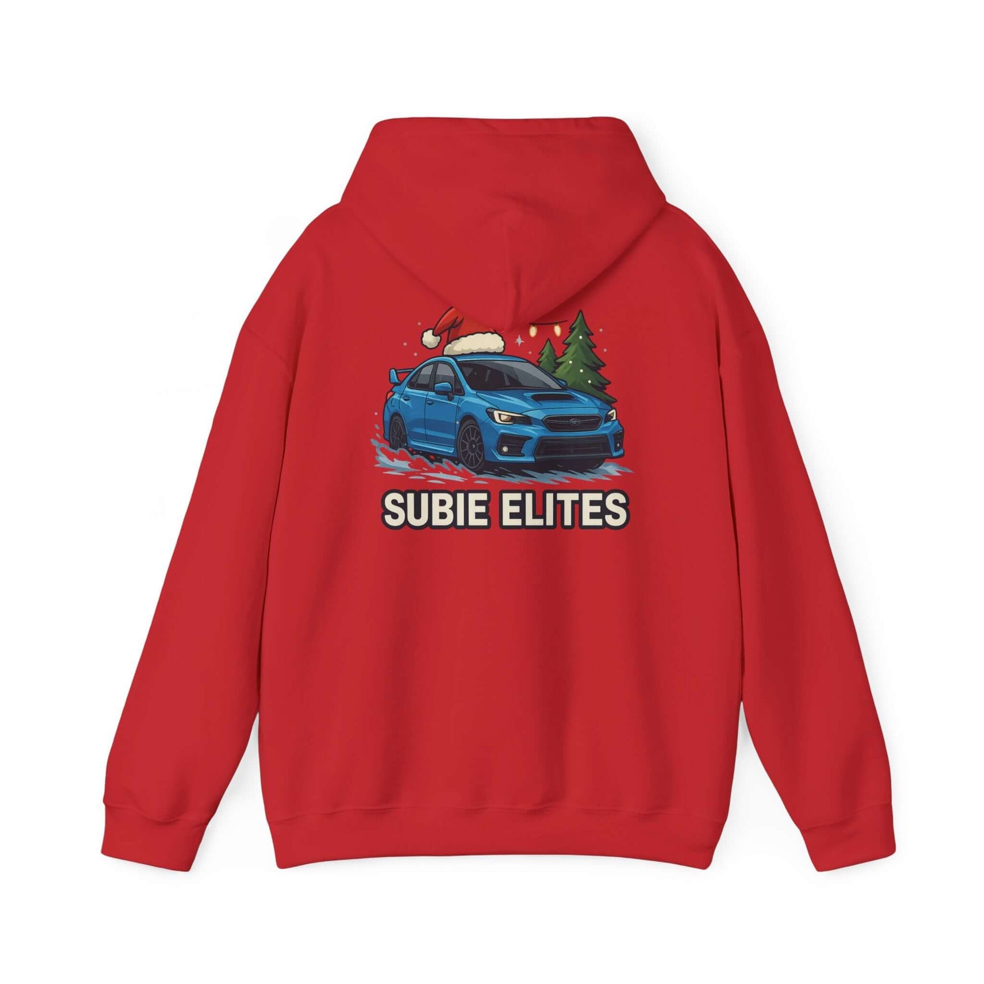 Subie Elites Holiday Hoodie – Blue Subaru with Santa Hat & Pine Trees