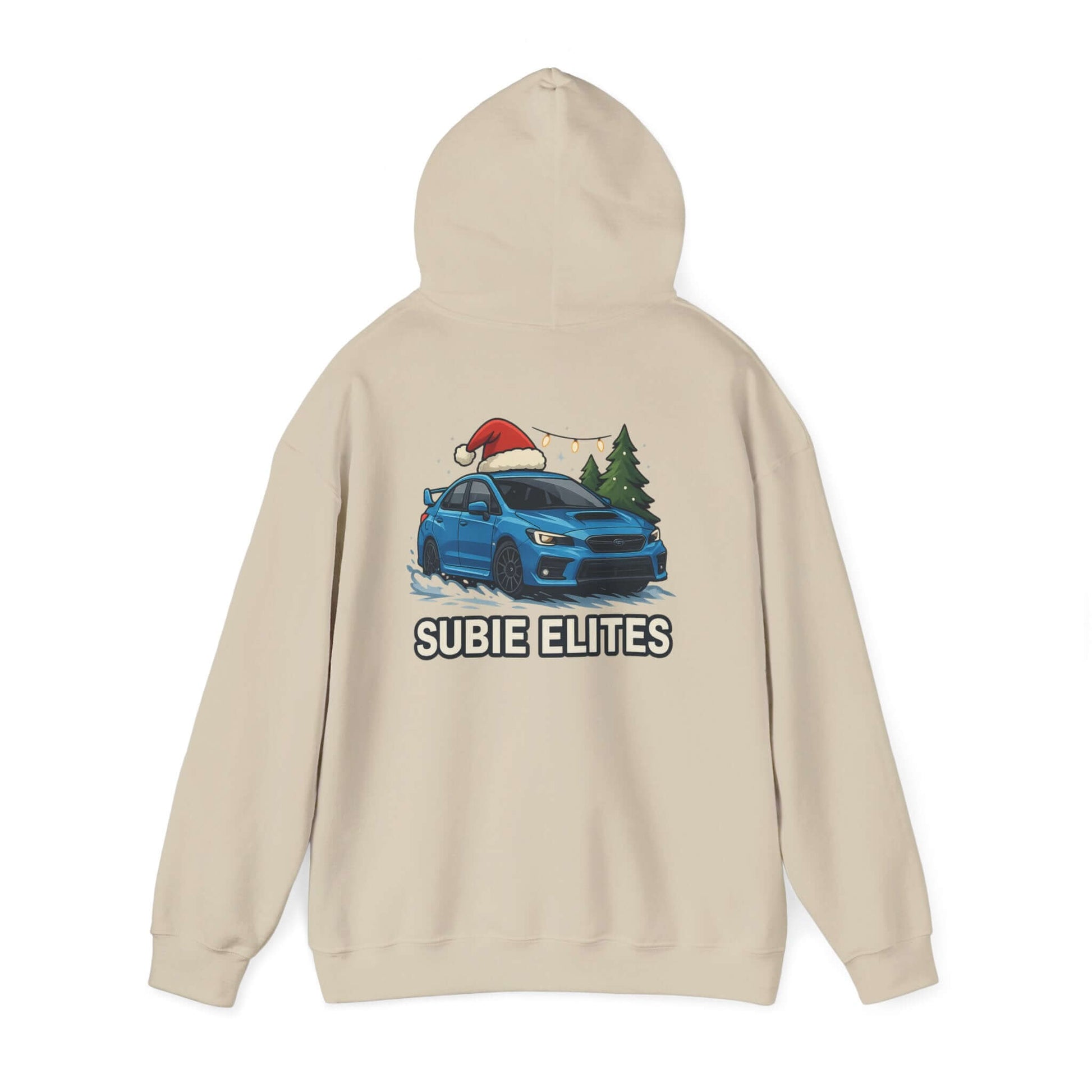 Subie Elites Holiday Hoodie – Blue Subaru with Santa Hat & Pine Trees