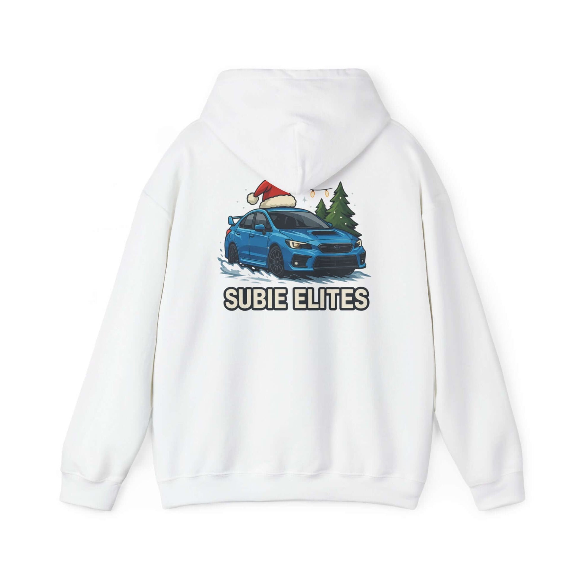 Subie Elites Holiday Hoodie – Blue Subaru with Santa Hat & Pine Trees