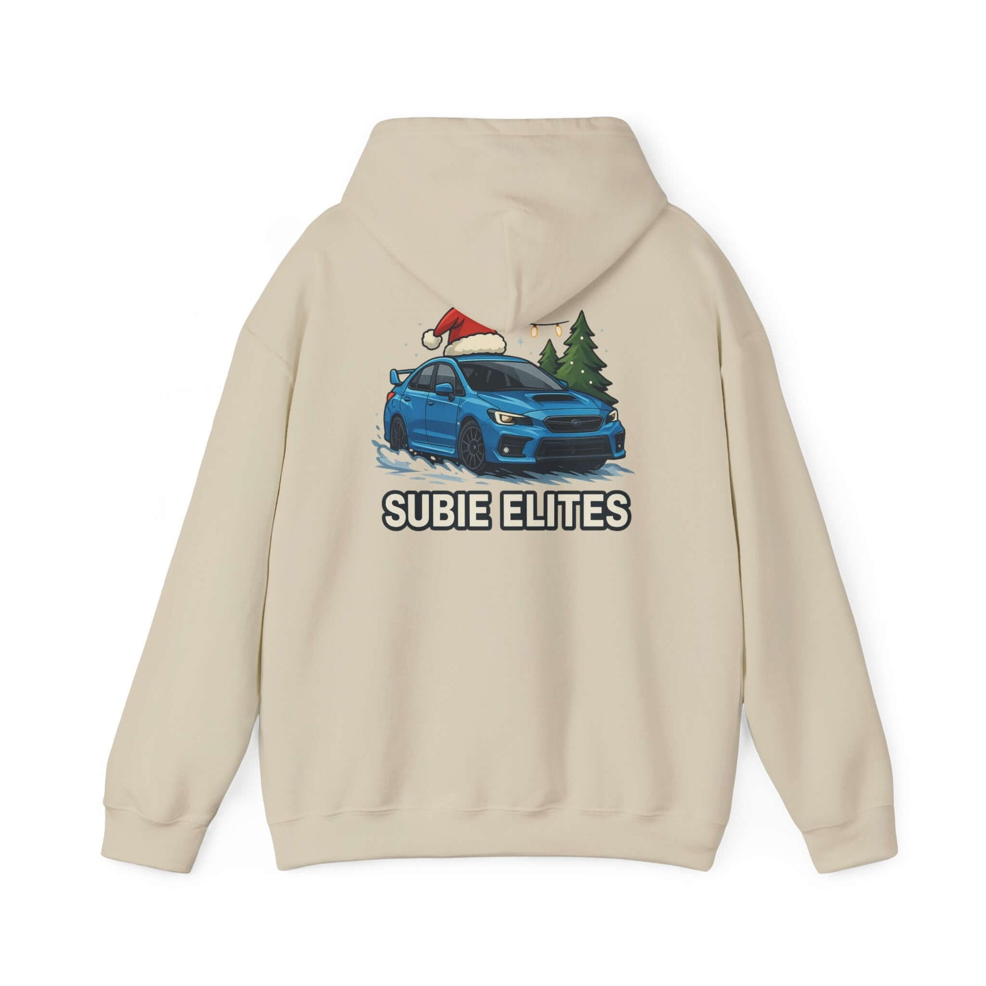 Subie Elites Holiday Hoodie – Blue Subaru with Santa Hat & Pine Trees