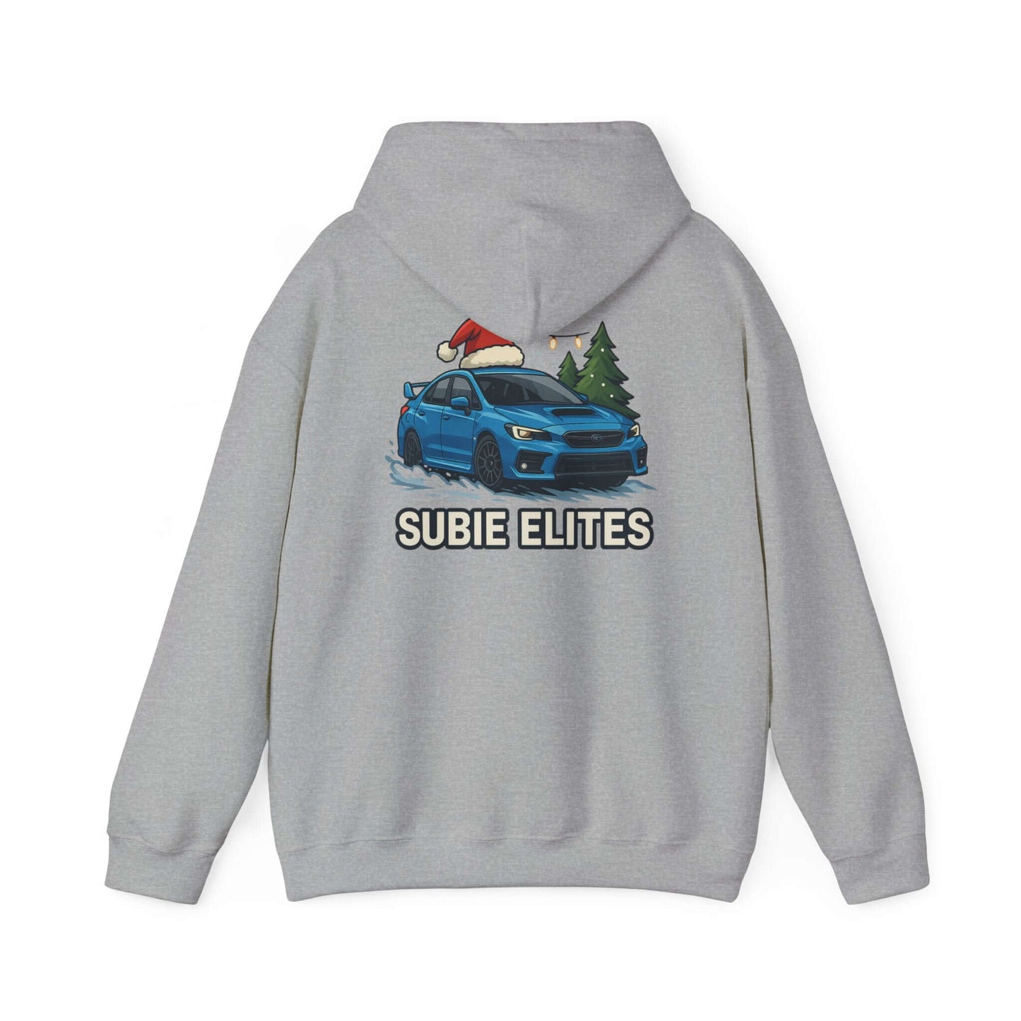 Subie Elites Holiday Hoodie – Blue Subaru with Santa Hat & Pine Trees