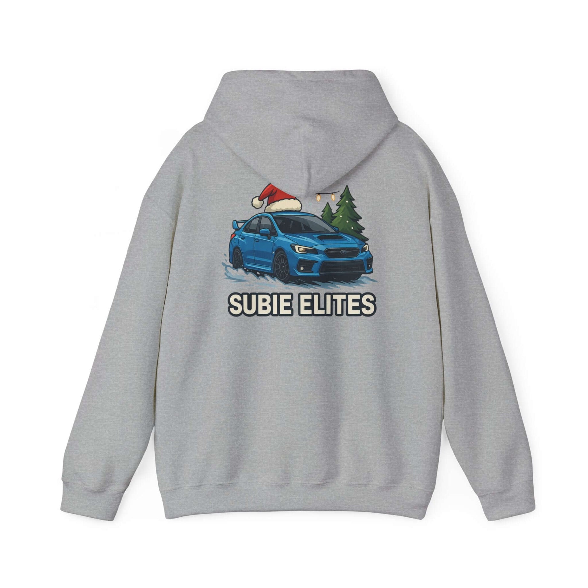 Subie Elites Holiday Hoodie – Blue Subaru with Santa Hat & Pine Trees