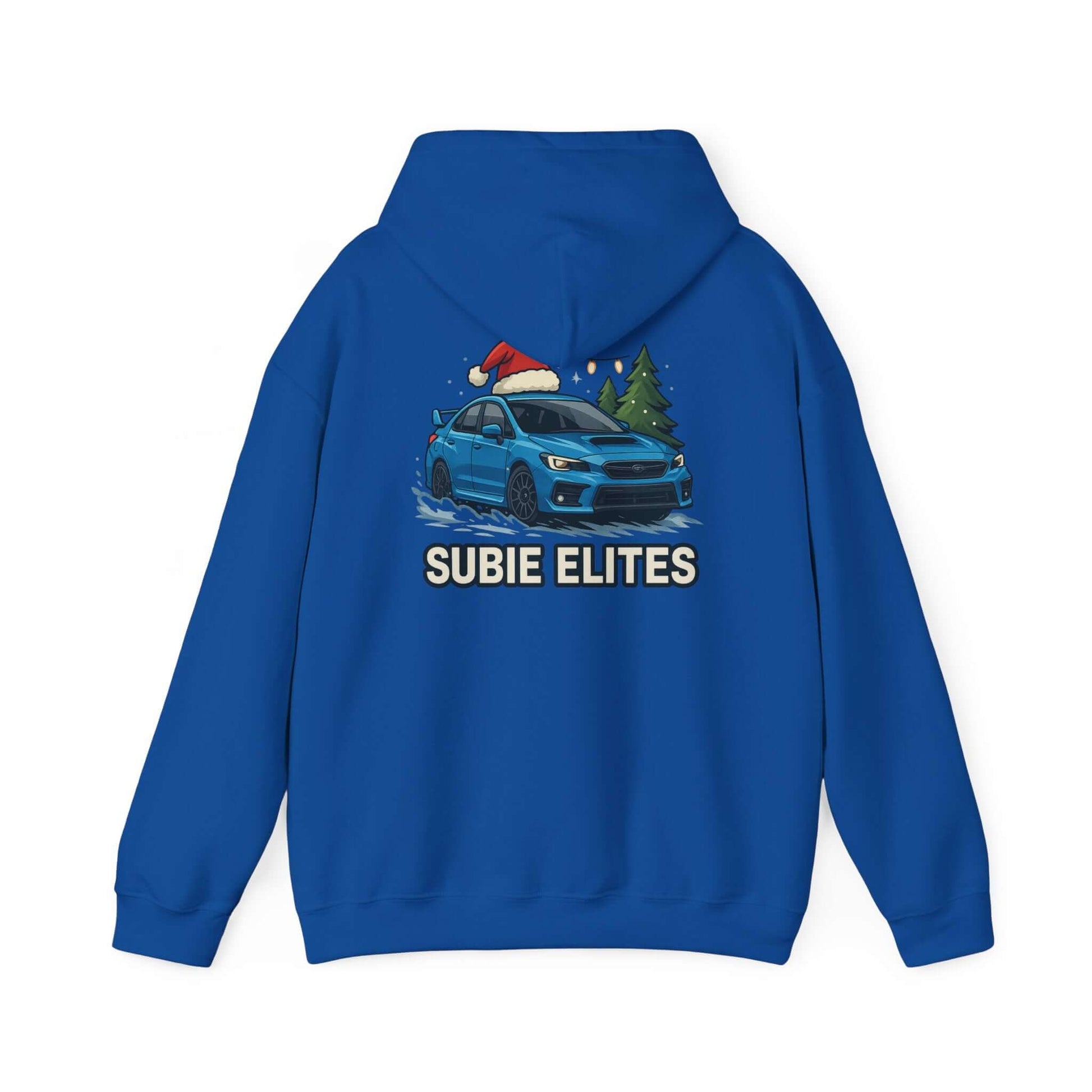 Subie Elites Holiday Hoodie – Blue Subaru with Santa Hat & Pine Trees