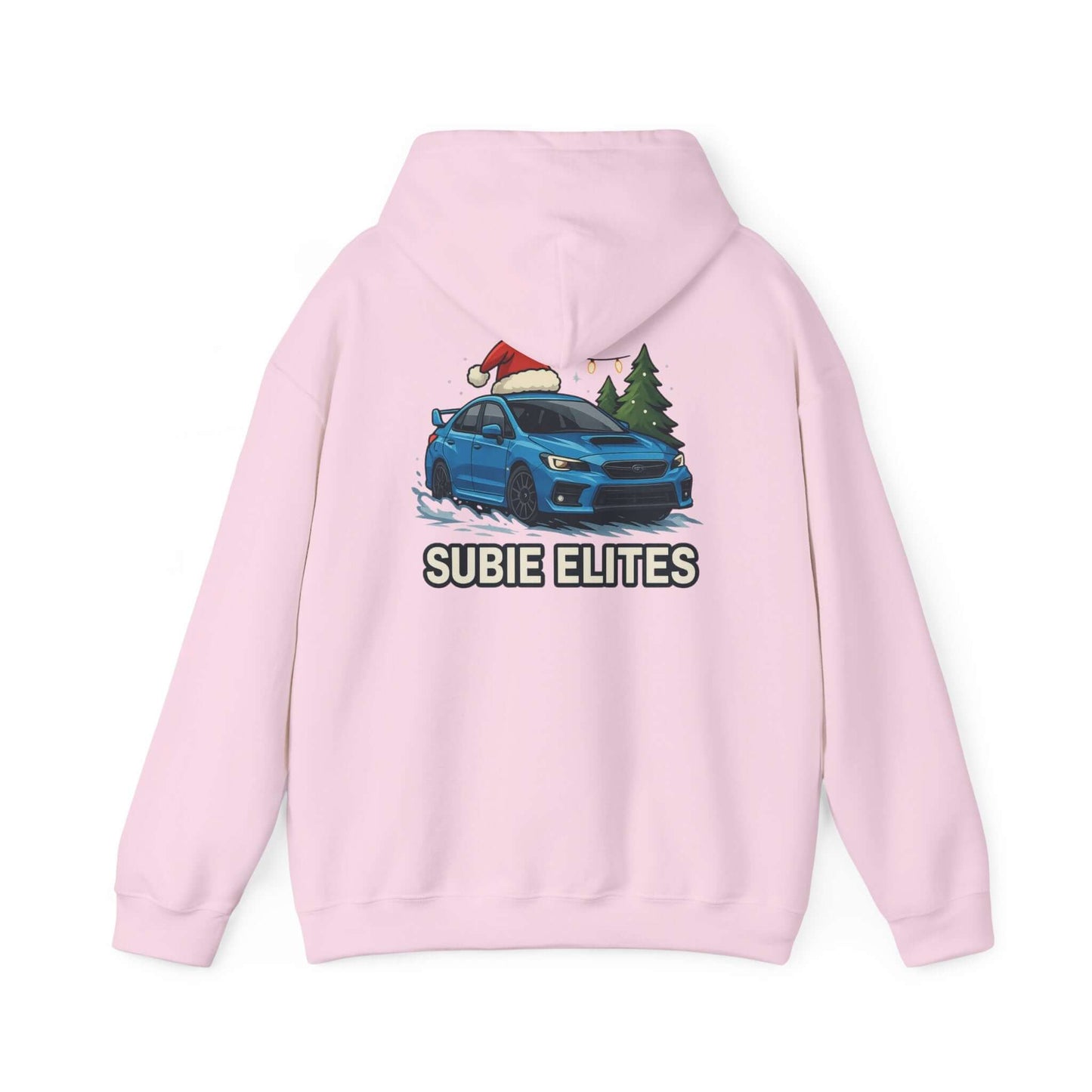 Subie Elites Holiday Hoodie – Blue Subaru with Santa Hat & Pine Trees