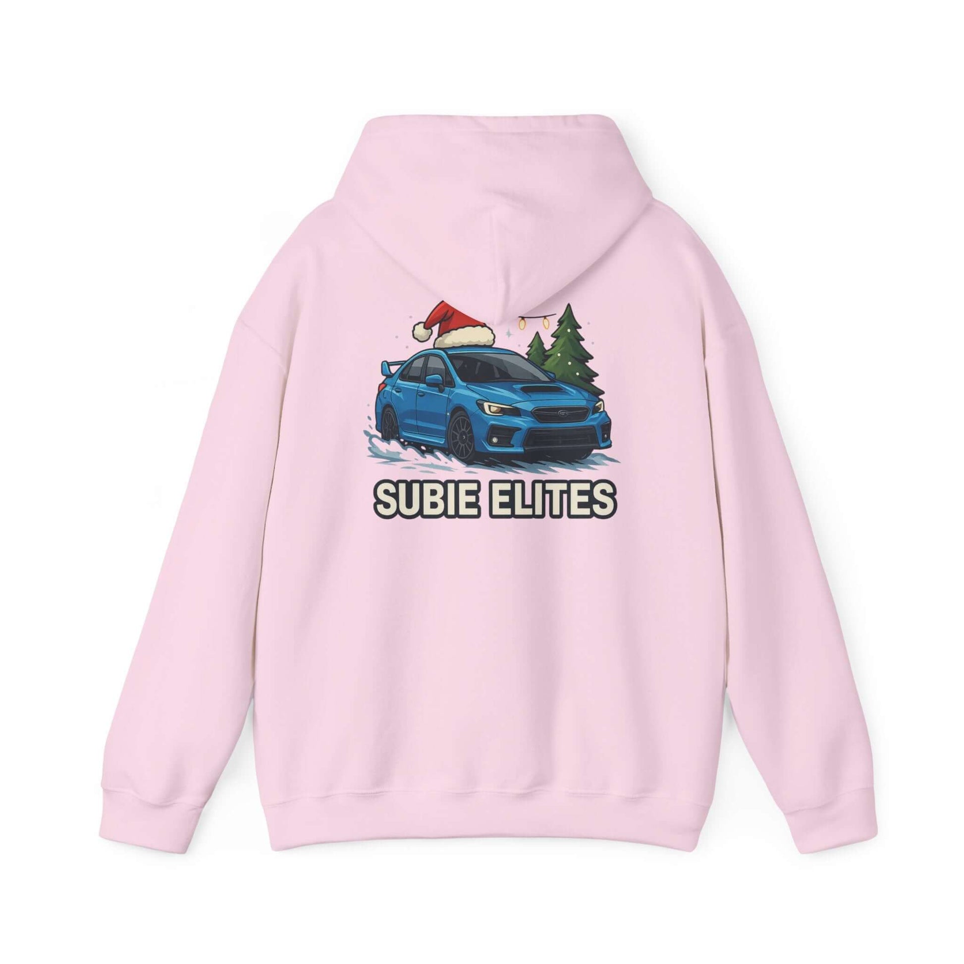 Subie Elites Holiday Hoodie – Blue Subaru with Santa Hat & Pine Trees