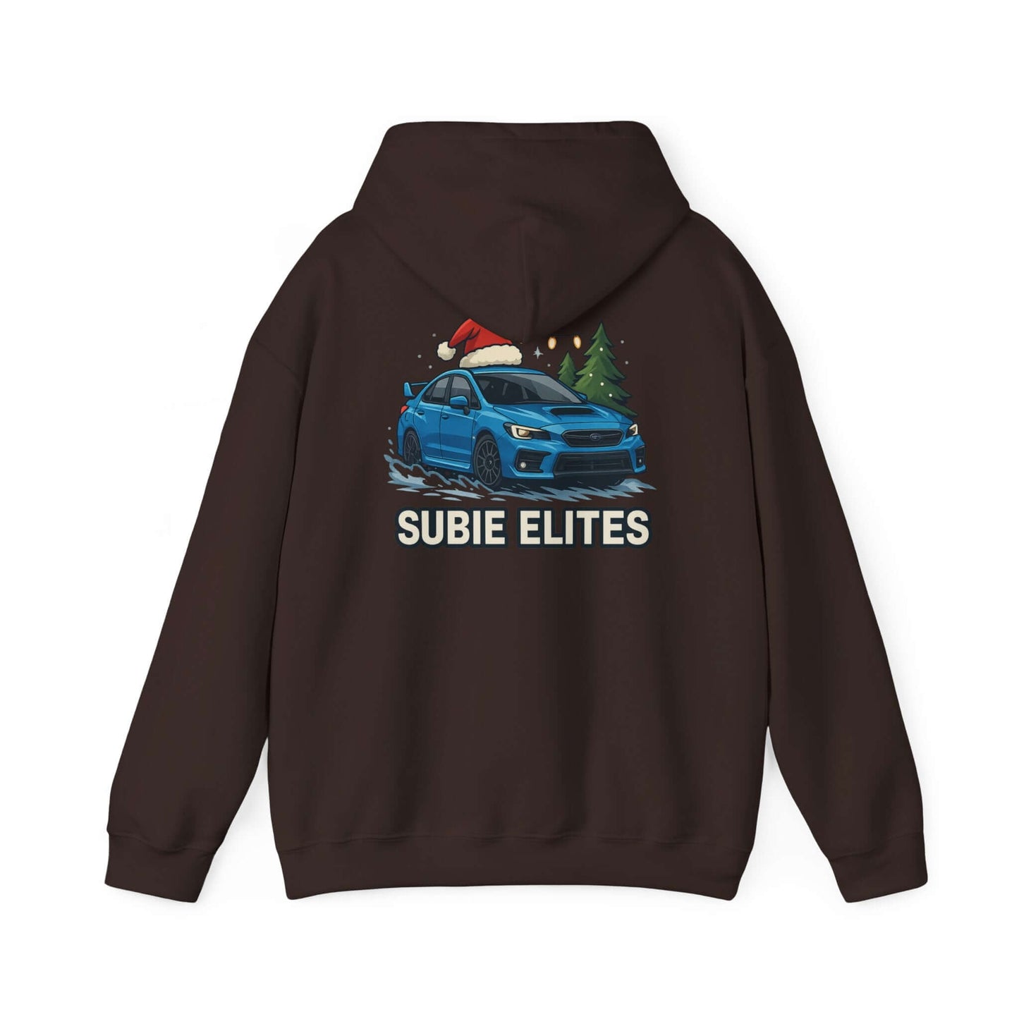 Subie Elites Holiday Hoodie – Blue Subaru with Santa Hat & Pine Trees