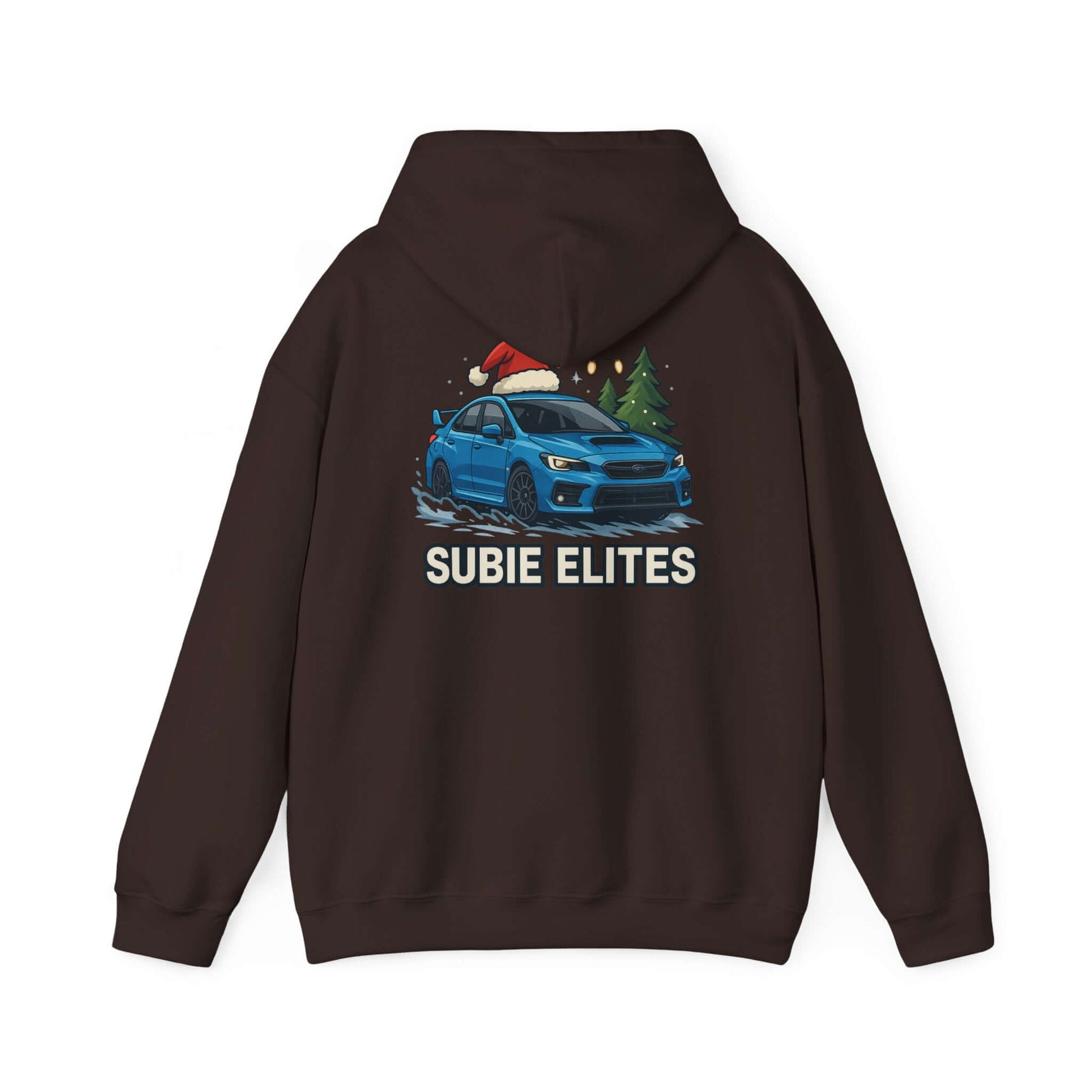 Subie Elites Holiday Hoodie – Blue Subaru with Santa Hat & Pine Trees