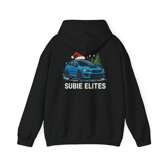 Subie Elites Holiday Hoodie – Blue Subaru with Santa Hat & Pine Trees