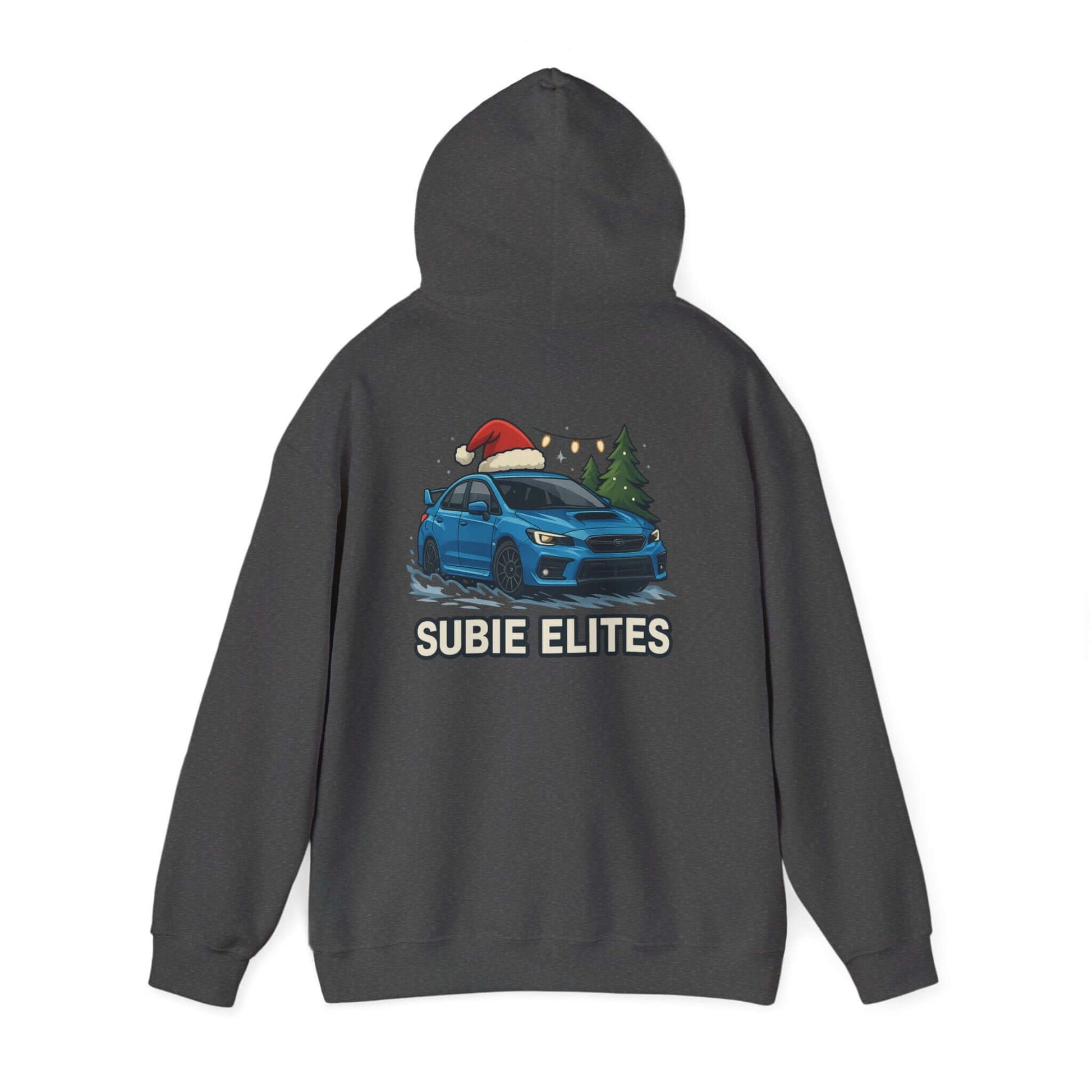 Subie Elites Holiday Hoodie – Blue Subaru with Santa Hat & Pine Trees