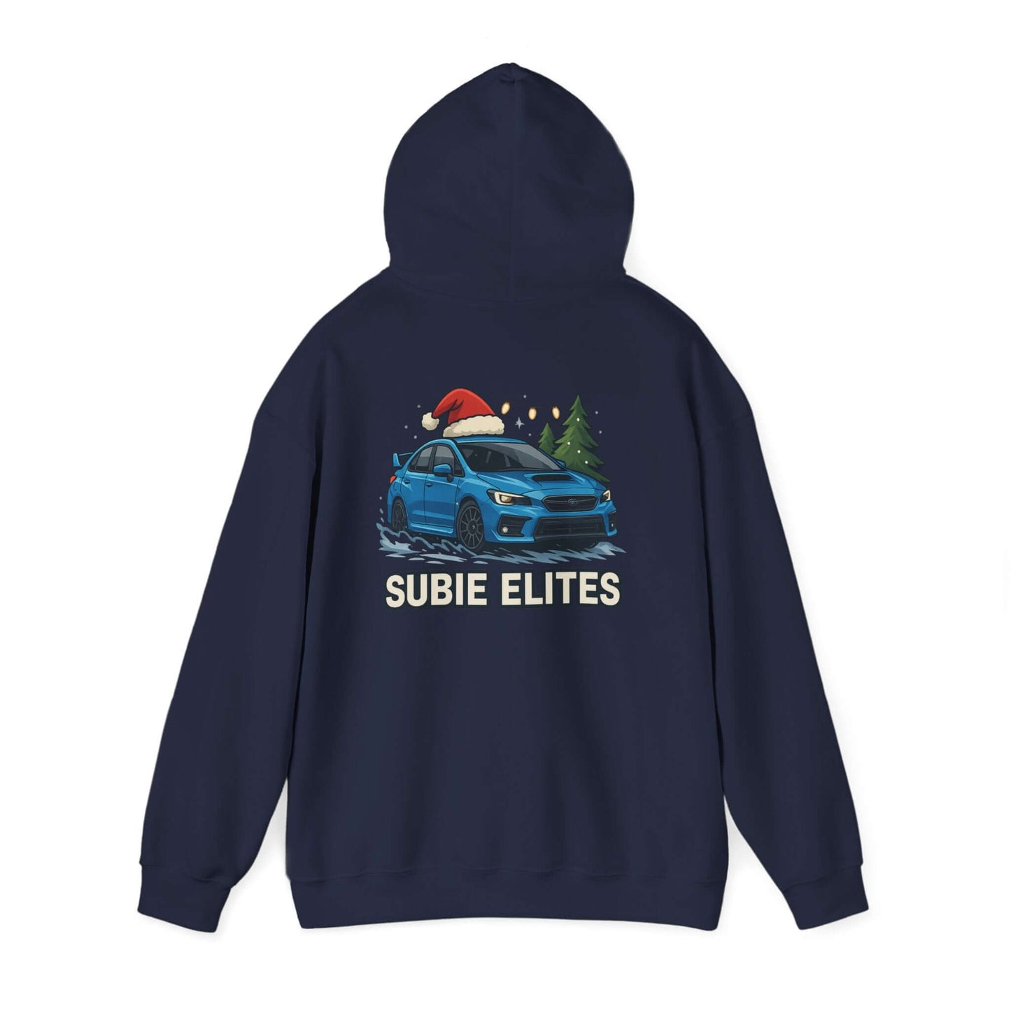Subie Elites Holiday Hoodie – Blue Subaru with Santa Hat & Pine Trees