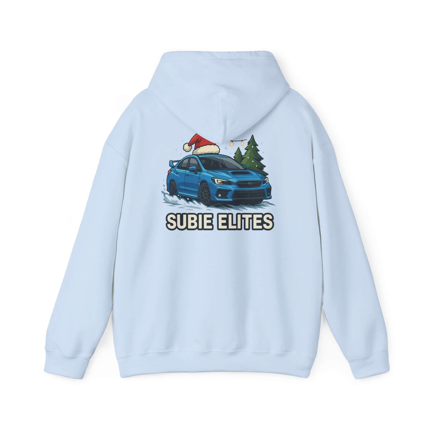 Subie Elites Holiday Hoodie – Blue Subaru with Santa Hat & Pine Trees