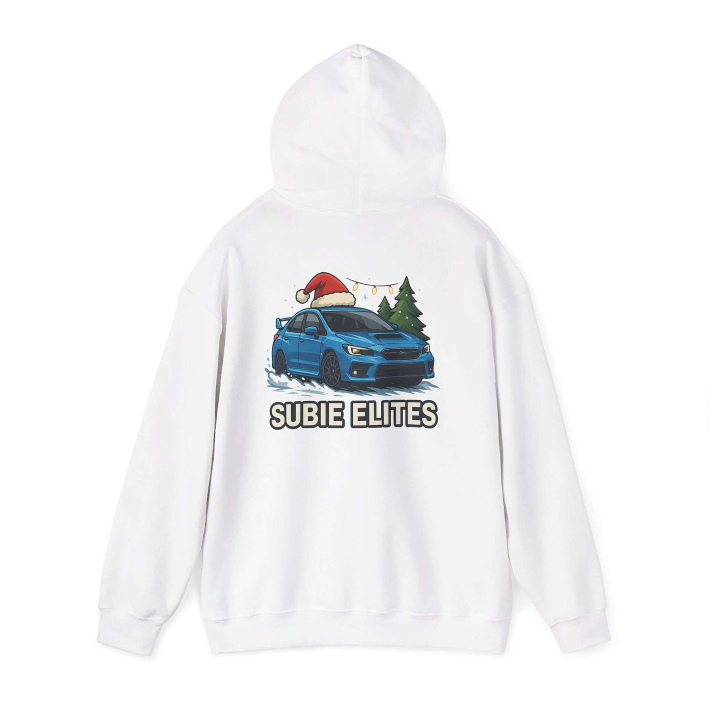 Subie Elites Holiday Hoodie – Blue Subaru with Santa Hat & Pine Trees