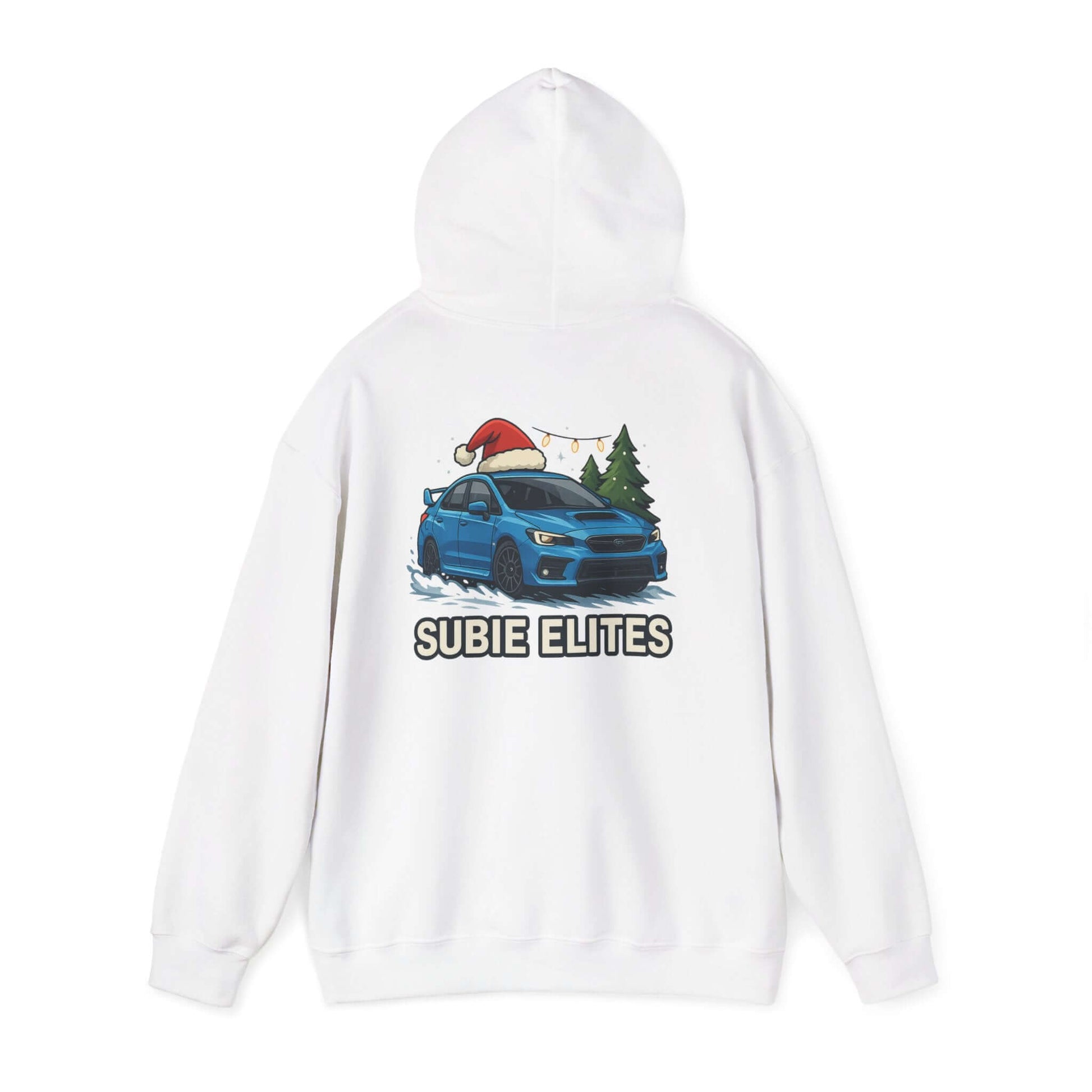 Subie Elites Holiday Hoodie – Blue Subaru with Santa Hat & Pine Trees