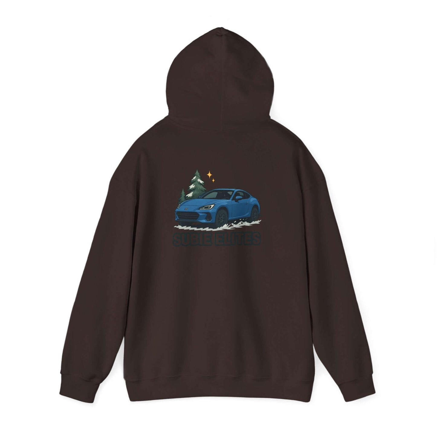 BRZ HOLIDAY HOODIE  pullover with blue BRZ graphic and evergreen trees, perfect for car enthusiasts.