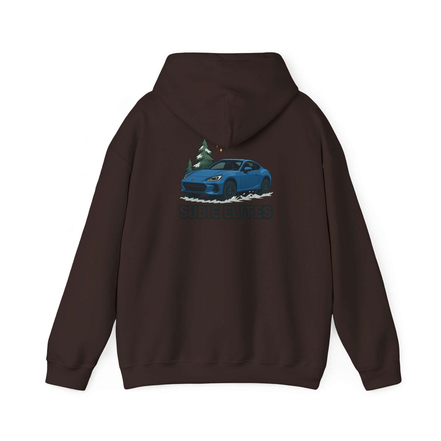 BRZ HOLIDAY HOODIE  pullover with blue BRZ graphic and evergreen trees, perfect for car enthusiasts.