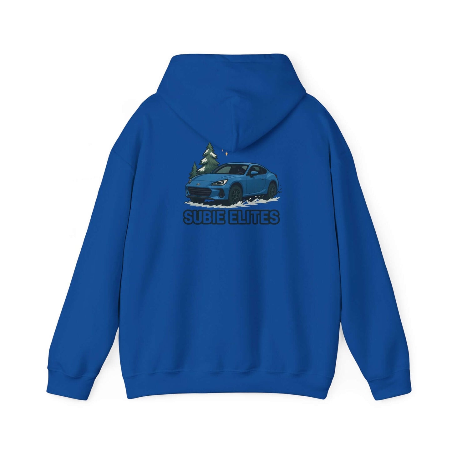 BRZ HOLIDAY HOODIE  pullover with blue BRZ graphic and evergreen trees, perfect for car enthusiasts.