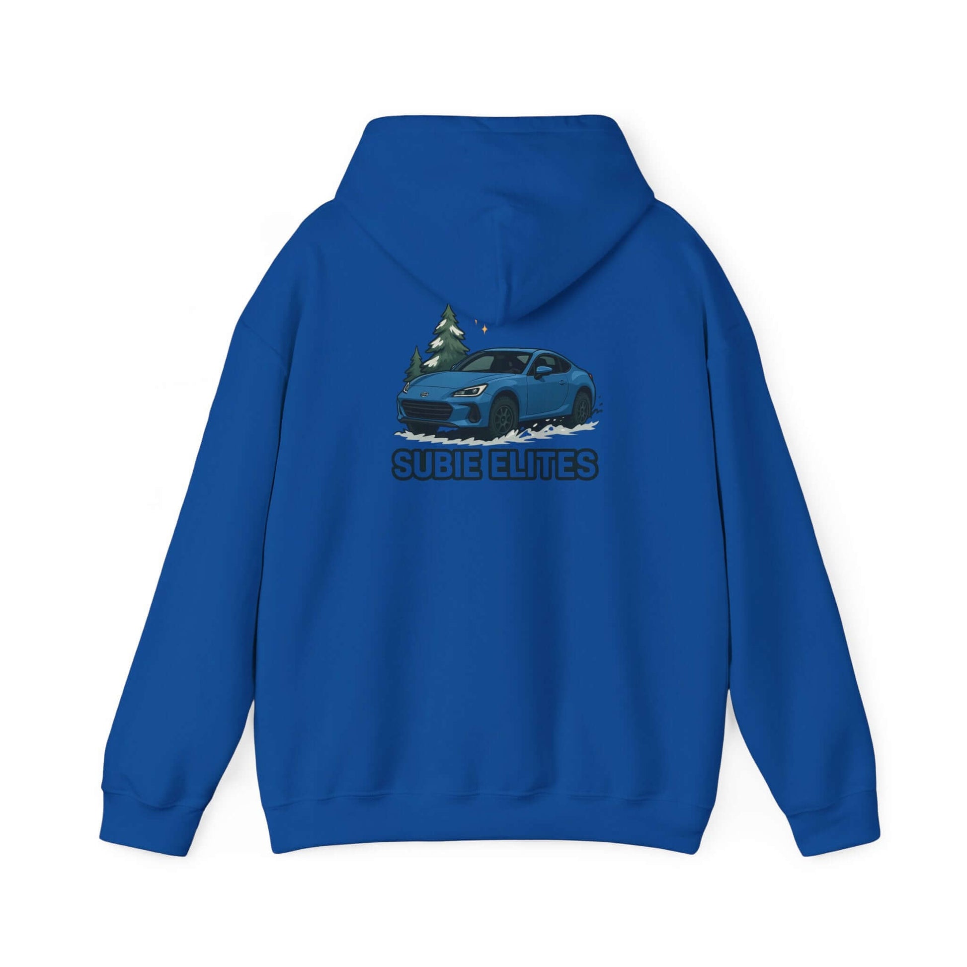 BRZ HOLIDAY HOODIE  pullover with blue BRZ graphic and evergreen trees, perfect for car enthusiasts.