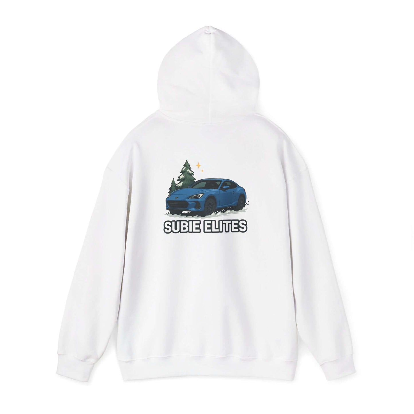 BRZ HOLIDAY HOODIE  pullover with blue BRZ graphic and evergreen trees, perfect for car enthusiasts.