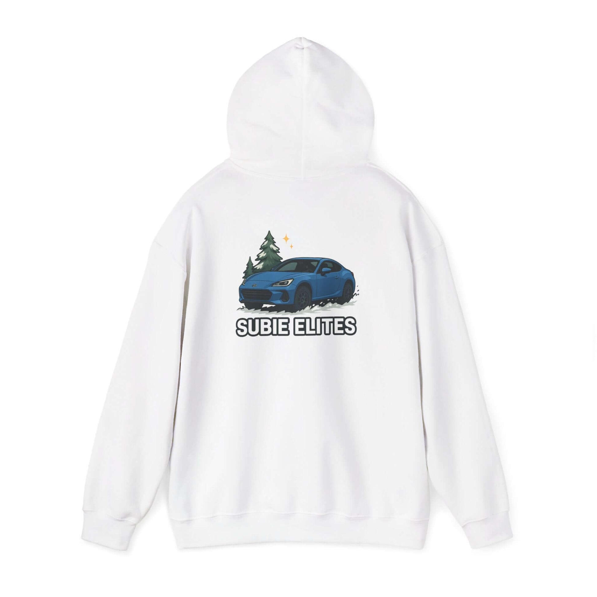 BRZ HOLIDAY HOODIE  pullover with blue BRZ graphic and evergreen trees, perfect for car enthusiasts.