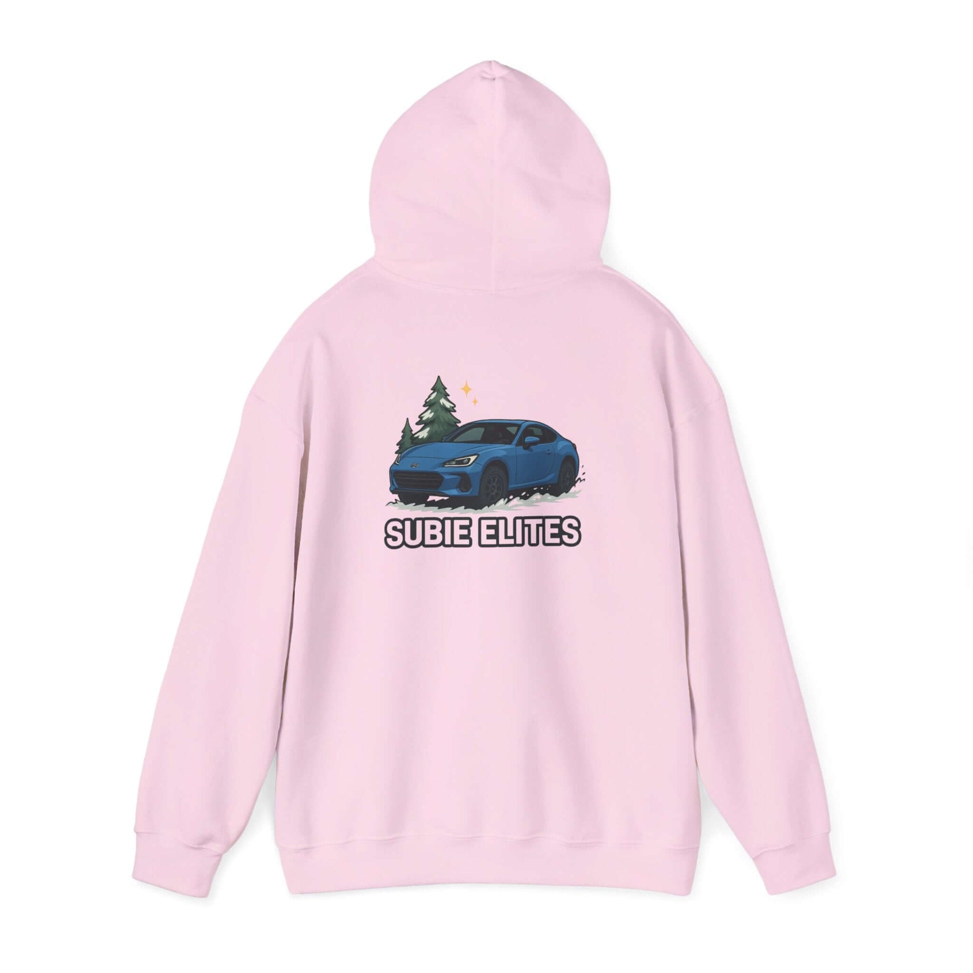 BRZ HOLIDAY HOODIE  pullover with blue BRZ graphic and evergreen trees, perfect for car enthusiasts.