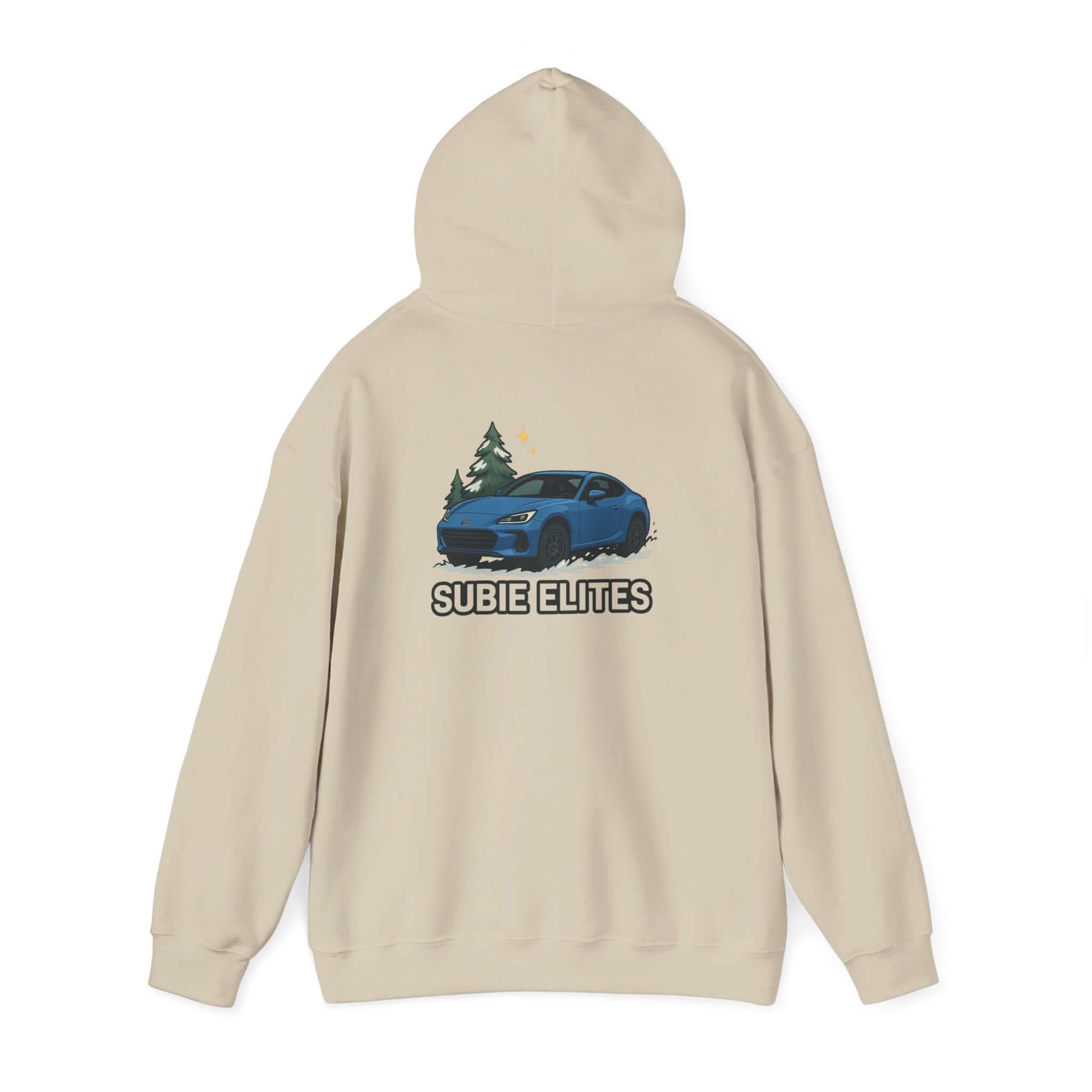 BRZ HOLIDAY HOODIE  pullover with blue BRZ graphic and evergreen trees, perfect for car enthusiasts.
