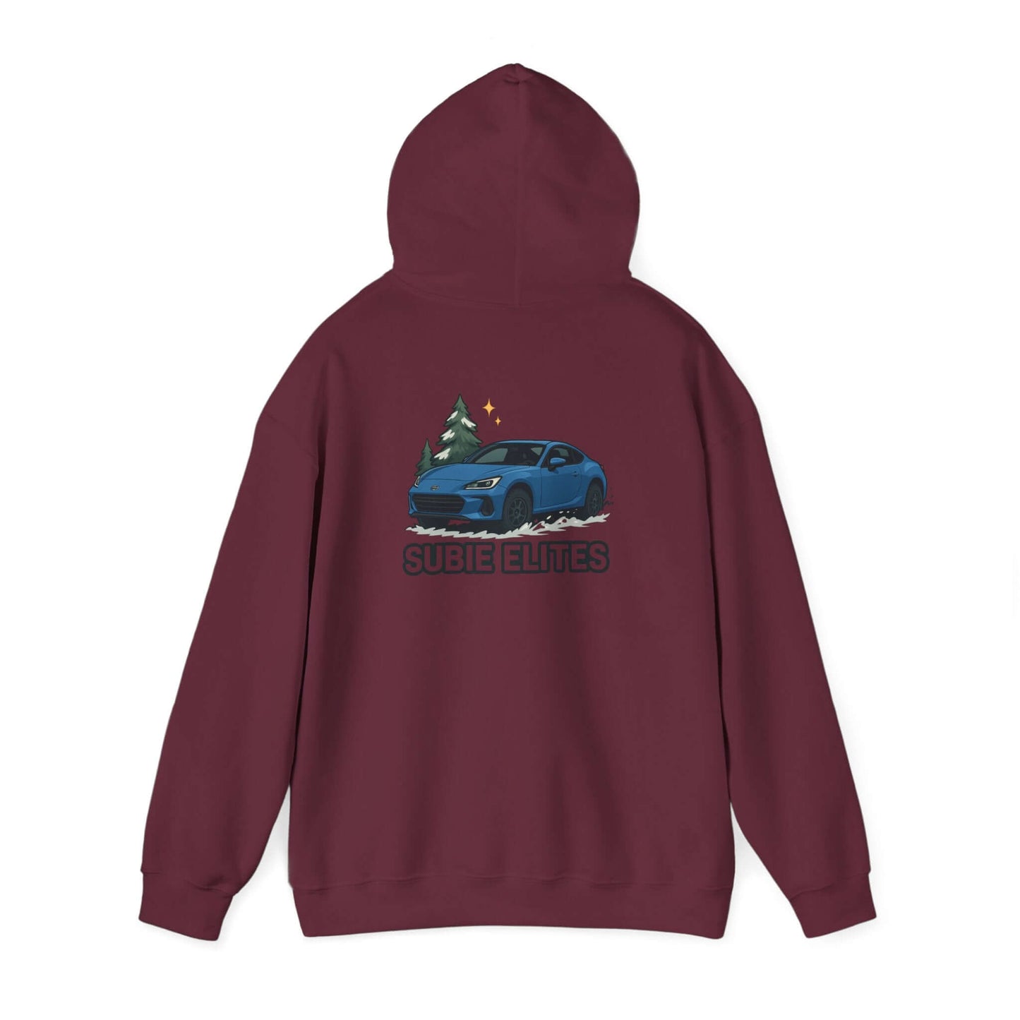 BRZ HOLIDAY HOODIE  pullover with blue BRZ graphic and evergreen trees, perfect for car enthusiasts.